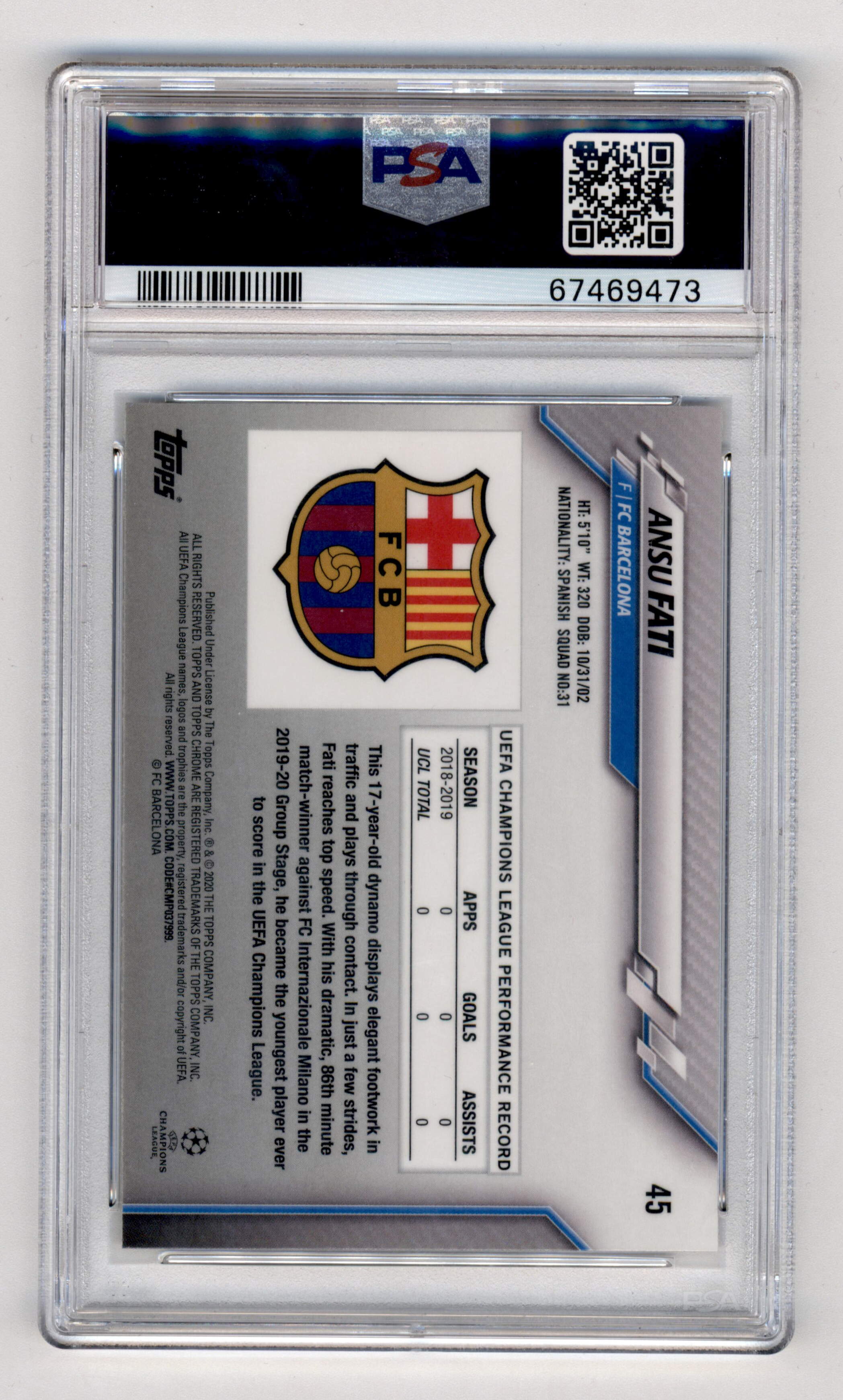 Topps Ansu Fati Base Chrome UCL 2019-20 #45 PSA 10 Graded Soccer Card - Perfect for Collectors, Investors & FC Barcelona Fans