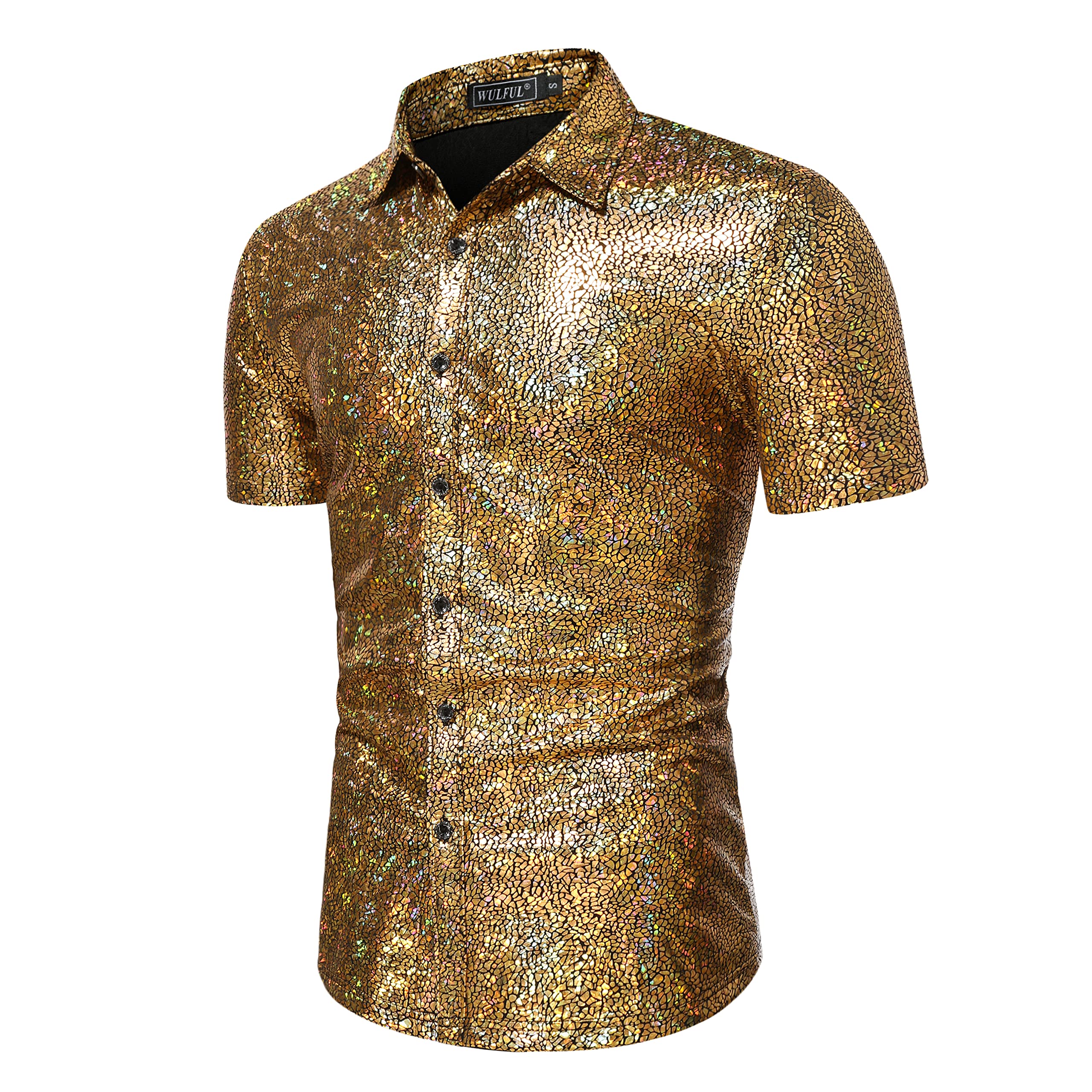 WULFUL Men's Disco Shirt with Sequins - 70s Style Short Sleeve Button Down Party Shirt for Costume, Nightclub, and Retro Theme Events