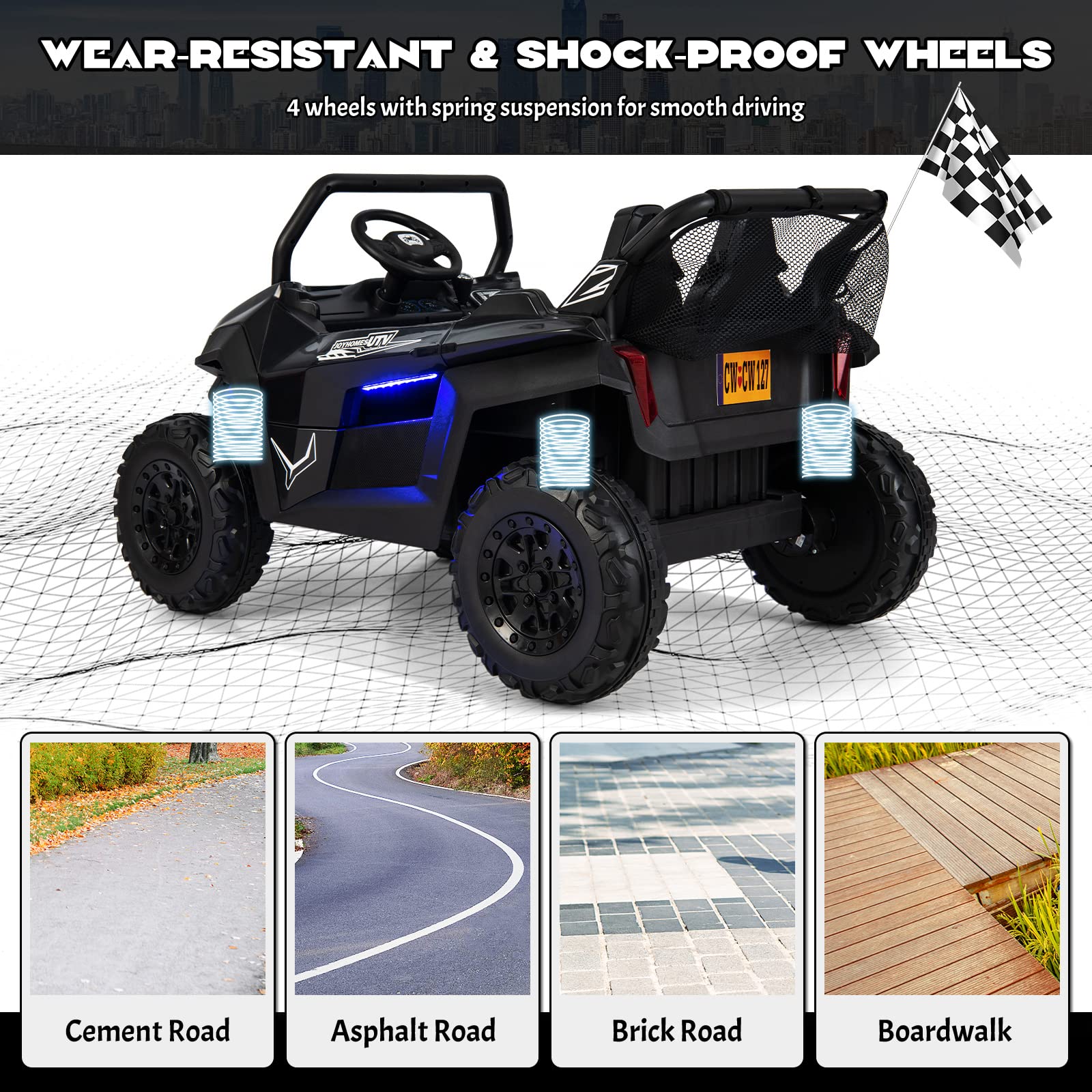OLAKIDS 12V Kids Electric Ride On Car - 2 Seater UTV with Parent Remote Control, Spring Suspension & Bluetooth Music | Battery Powered Toy Vehicle for Boys & Girls Ages 3-8 | Perfect for Outdoor Play, Birthday Gifts & Backyard Fun (Jet Black)