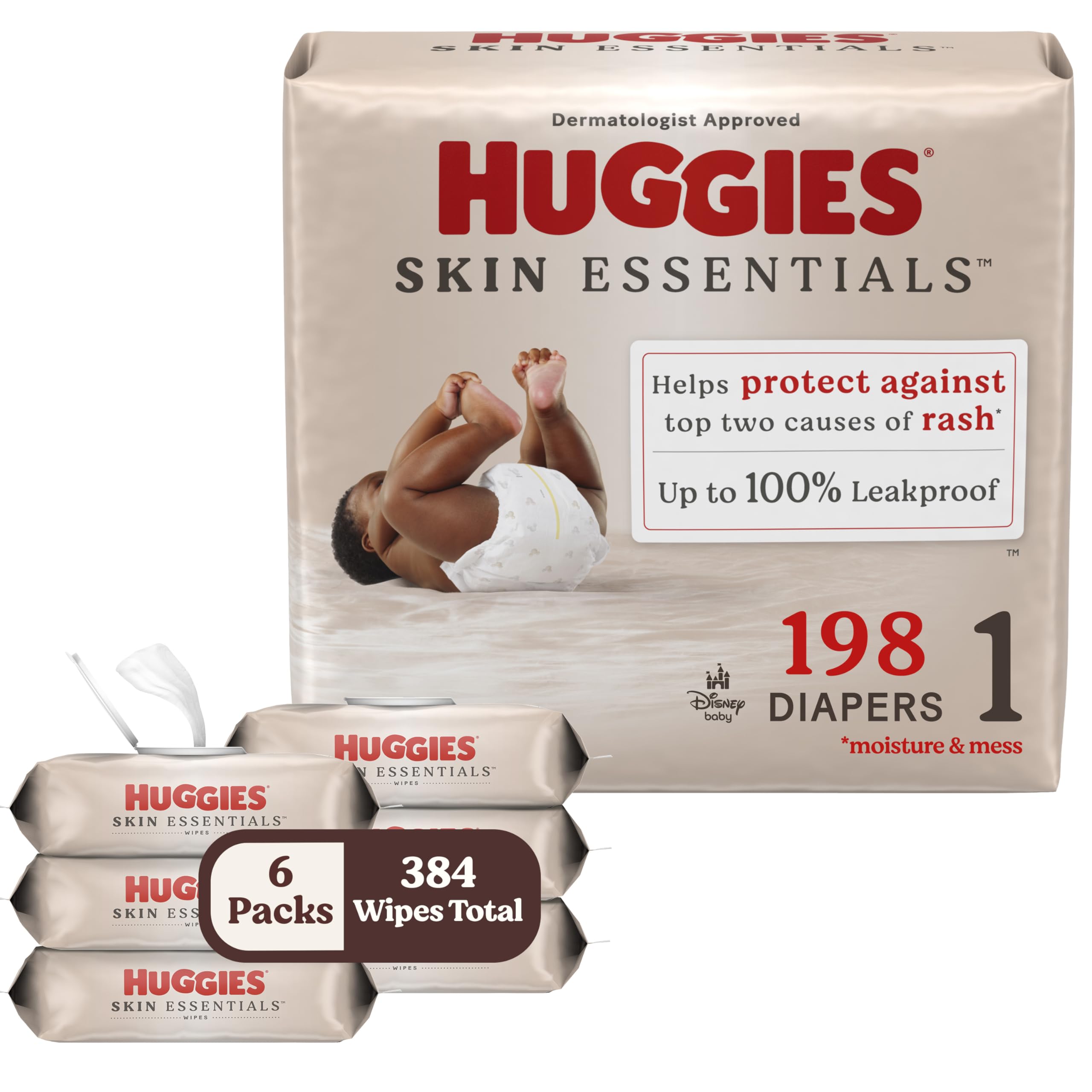 Huggies Size 1 Diapers (8-14 lbs) - 198 Count (3 Packs of 66) & Skin Essentials Baby Wipes (99% Water) - 336 Wipes Total - Gentle Newborn Care for Sensitive Skin - Perfect for Home, Travel & Daycare Use