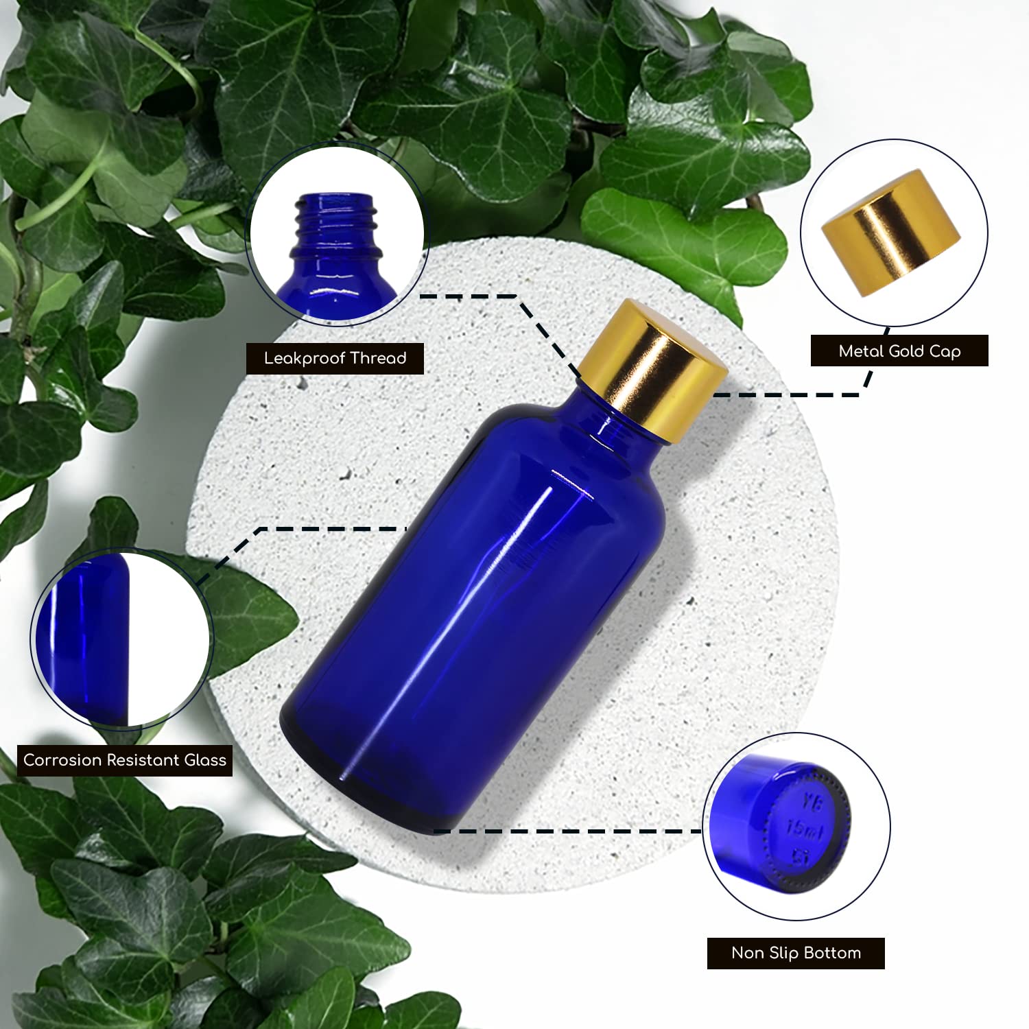 Premium 50ml Cobalt Blue Glass Bottle with Gold Seal Cap & Safety Plug - Leakproof Essential Oil Bottles for Aromatherapy, Perfumes, Face Serums | Refillable & Reusable (Pack of 3) - Perfect for DIY Blends, Travel & Gift Packaging