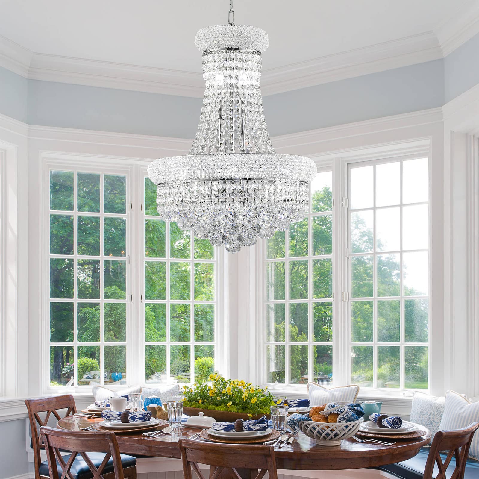 10-Light Empire Crystal Chandelier - Elegant Chrome Finish for Dining Room, Foyer, Entryway, Living Room & Bedroom | Perfect for Weddings, Luxury Homes & Formal Events