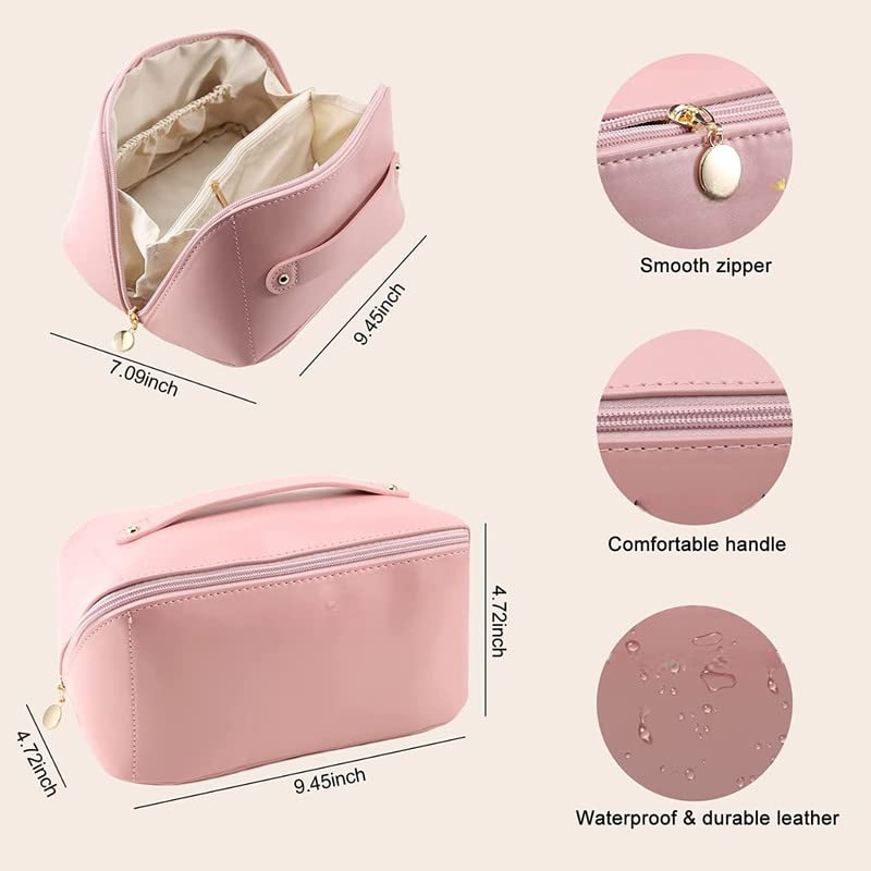 VEHTRI Large Capacity Waterproof Leather Travel Cosmetic Bag - Flat Opening Makeup Organizer with Handle & Divider for Easy Access | Perfect for Vacation, Business Trips & Daily Toiletry Storage