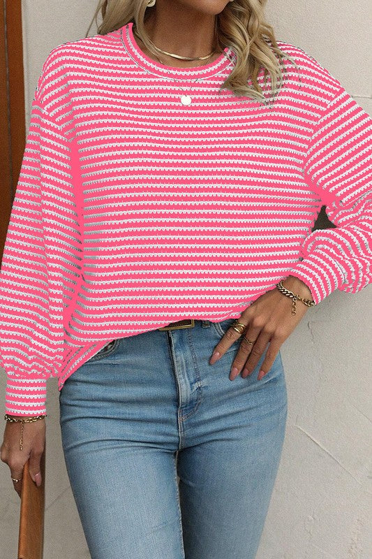 Stylish Striped Round Neck Drop Shoulder Long Sleeve T-Shirt for Women | Casual Comfort Wear | Perfect for Everyday Outfits, Layering & Fall Fashion