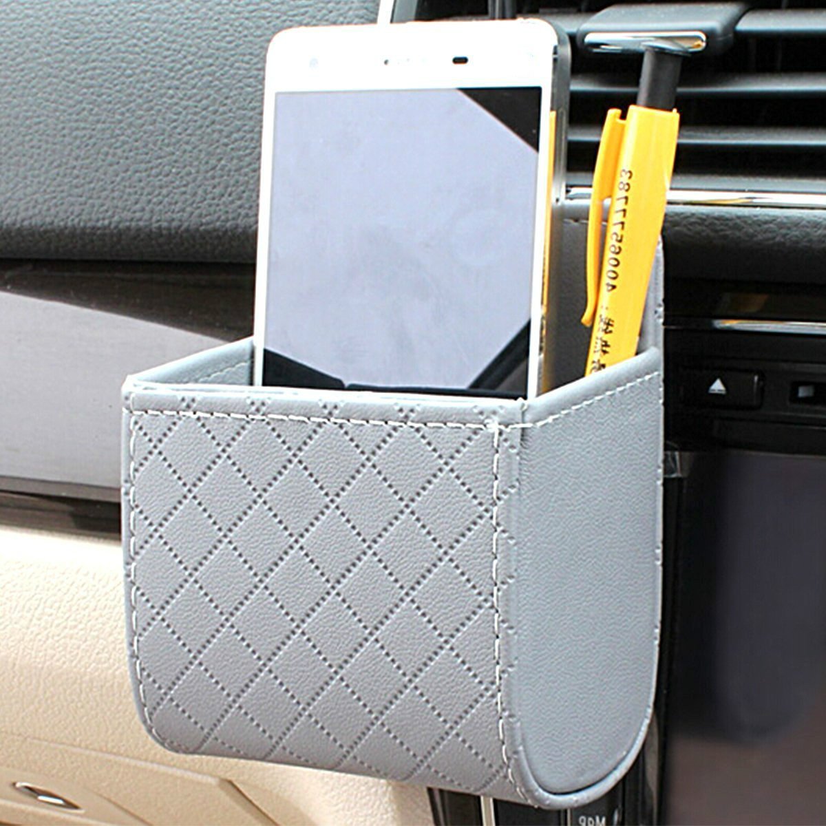 KUNOVO Car Seat Back Organizer with Air Vent Phone Holder & Storage Pouch - Perfect for Phones, Coins, and Small Items (Black/Gray) - Ideal for Road Trips, Commuting, and Family Travel