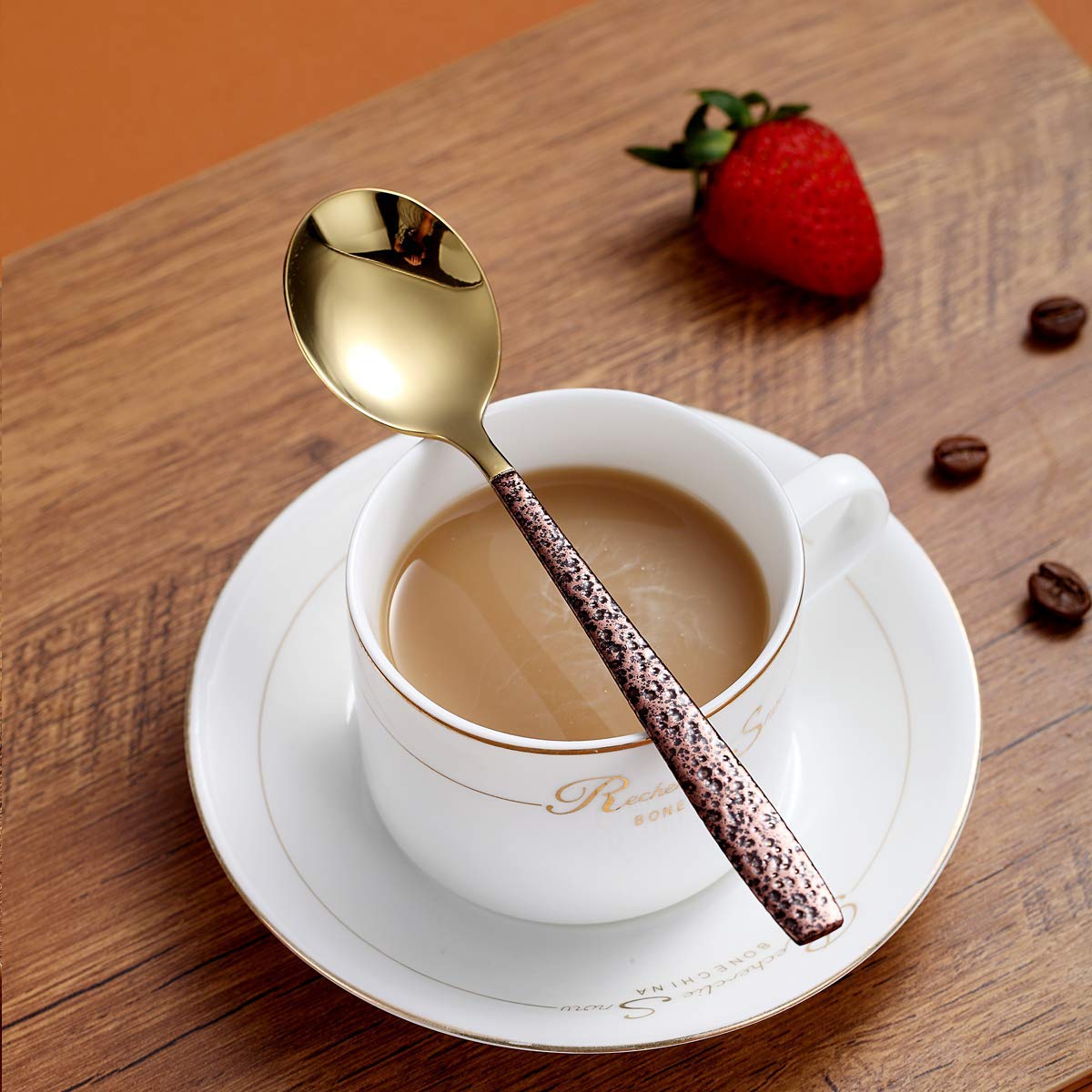 Berglander 4-Piece Tea Spoon Set with Moon Surface Handle & Shiny Gold Head - Stainless Steel Teaspoons for Tea, Coffee, Desserts - Elegant Silverware for Afternoon Tea, Coffee Breaks & Dinner Parties