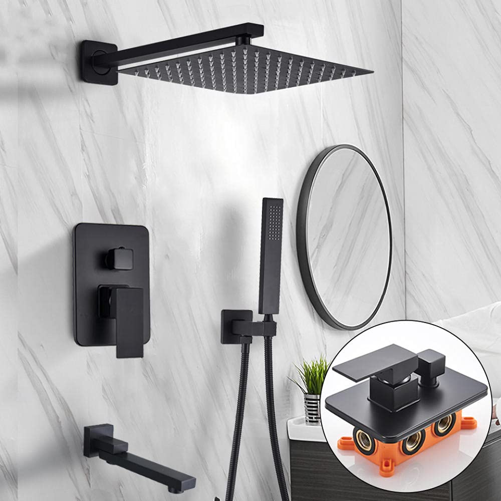 Premium Matte Black Rainfall Shower Faucet Set - 12 Inch Wall Mounted Shower System with Bathtub Mixer | Modern Bathroom Upgrade for Spa-Like Experience