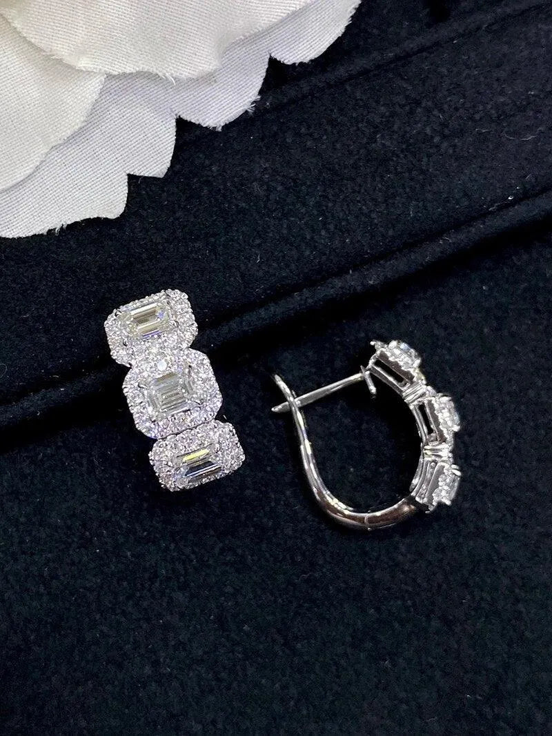 18K White Gold Diamond Hoop Earrings for Women - Real Natural Shiny E-Shaped Wedding & Engagement Jewelry - Perfect for Bridal, Anniversary, and Special Occasion Gifts