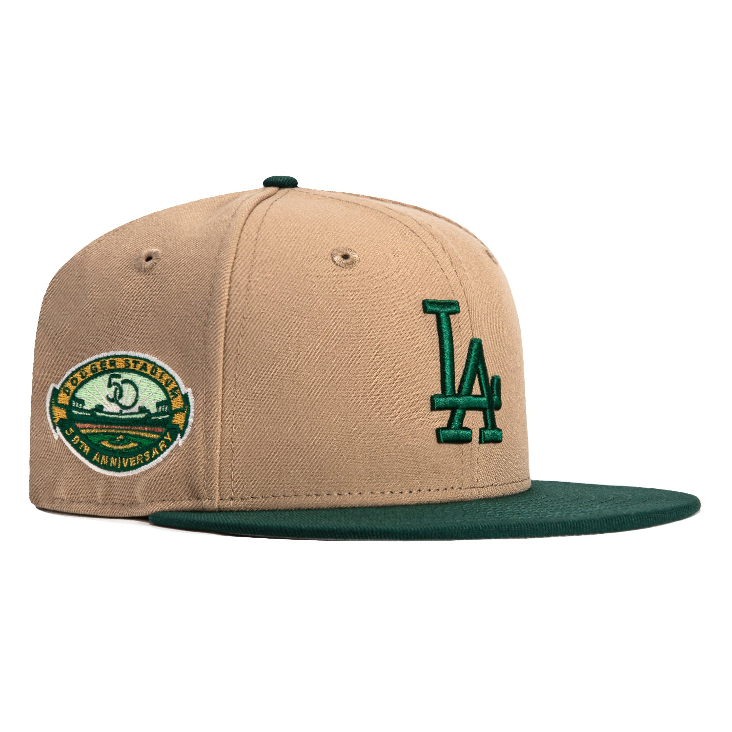 New Era 59Fifty Los Angeles Dodgers 50th Anniversary Stadium Patch Hat - Khaki & Green | MLB Baseball Cap for Men & Women | Game Day, Streetwear & Fan Collection