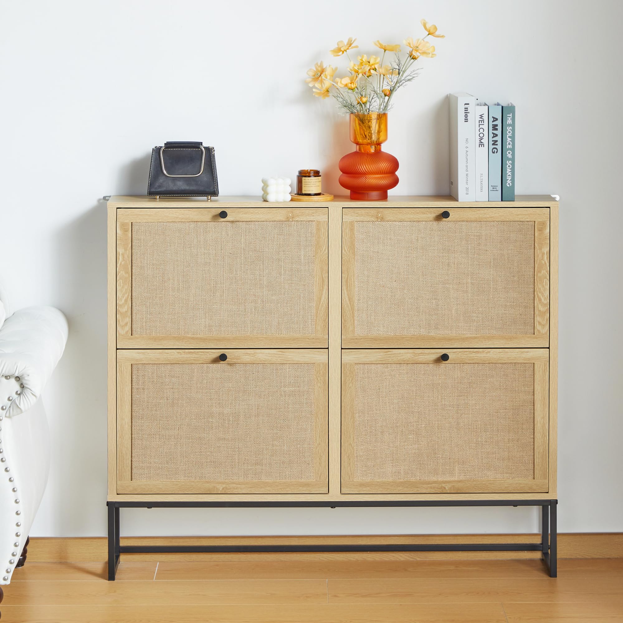 4-Drawer Flip Shoe Storage Cabinet with Metal Handles & Base - Slim Shoe Organizer for Entryway, Hallway, Living Room - Perfect for Small Spaces & Apartment Living (Natural Wood Finish)