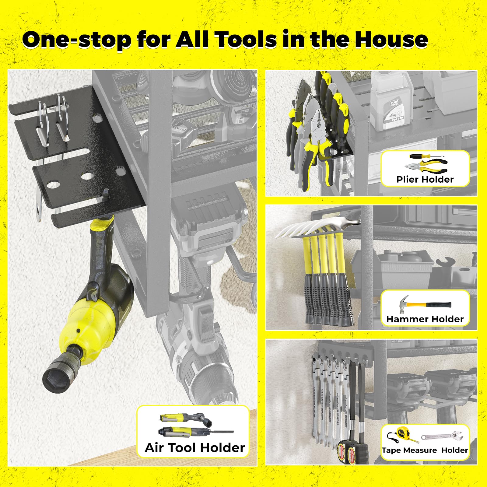 KAFAHOM Power Tool Organizer with Charging Station - 8 Drill Holder Wall Mount with Built-in 8 Outlet Power Strip, Tool Storage Shelf & Battery Organizer for Screwdrivers, Hammers & Air Tools | Perfect for Garage, Workshop & DIY Projects