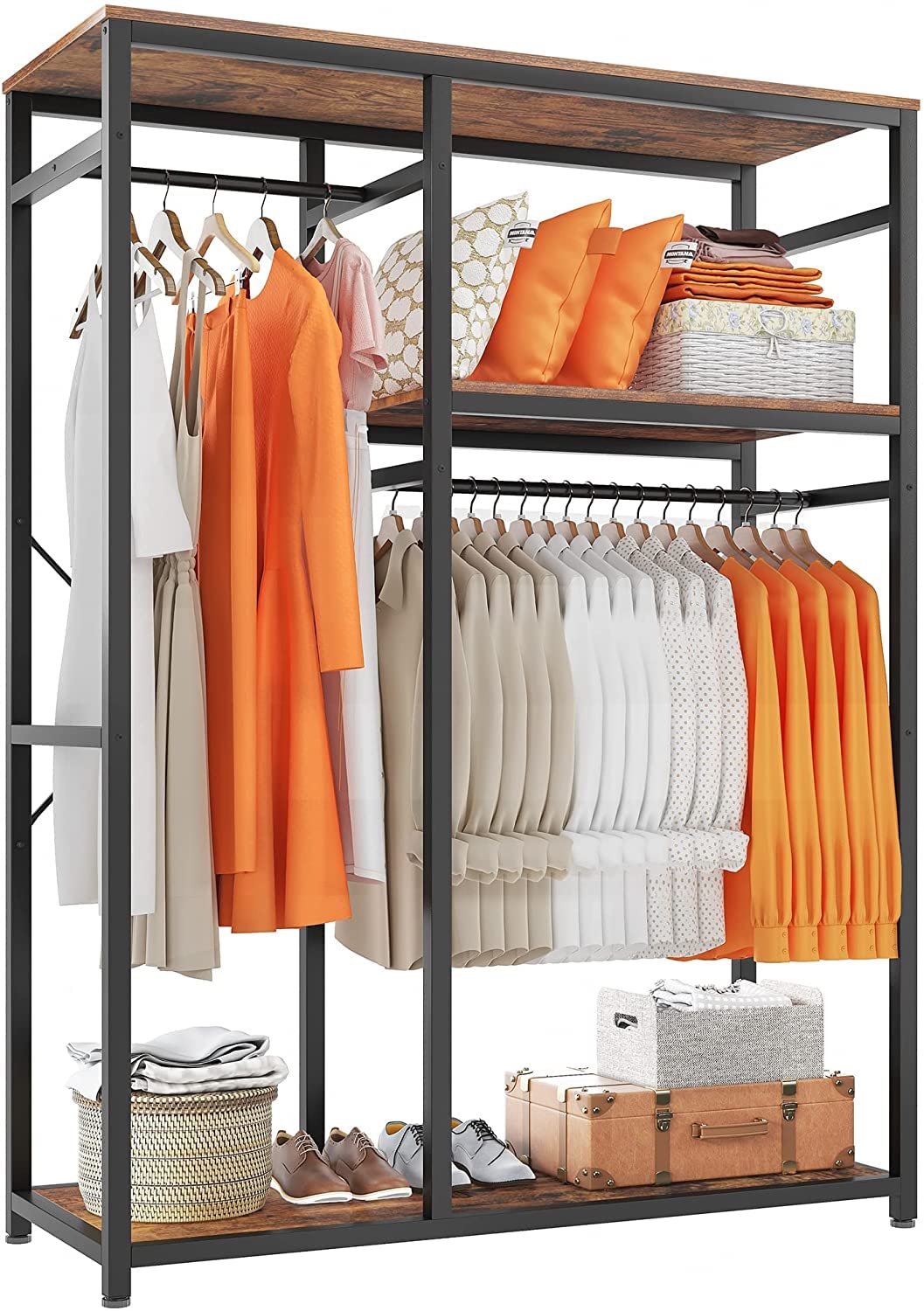 REIBII Heavy Duty Clothing Rack - 300LBS Capacity, Portable Closet Organizer with 3 Storage Shelves & 2 Hanging Rods (16
