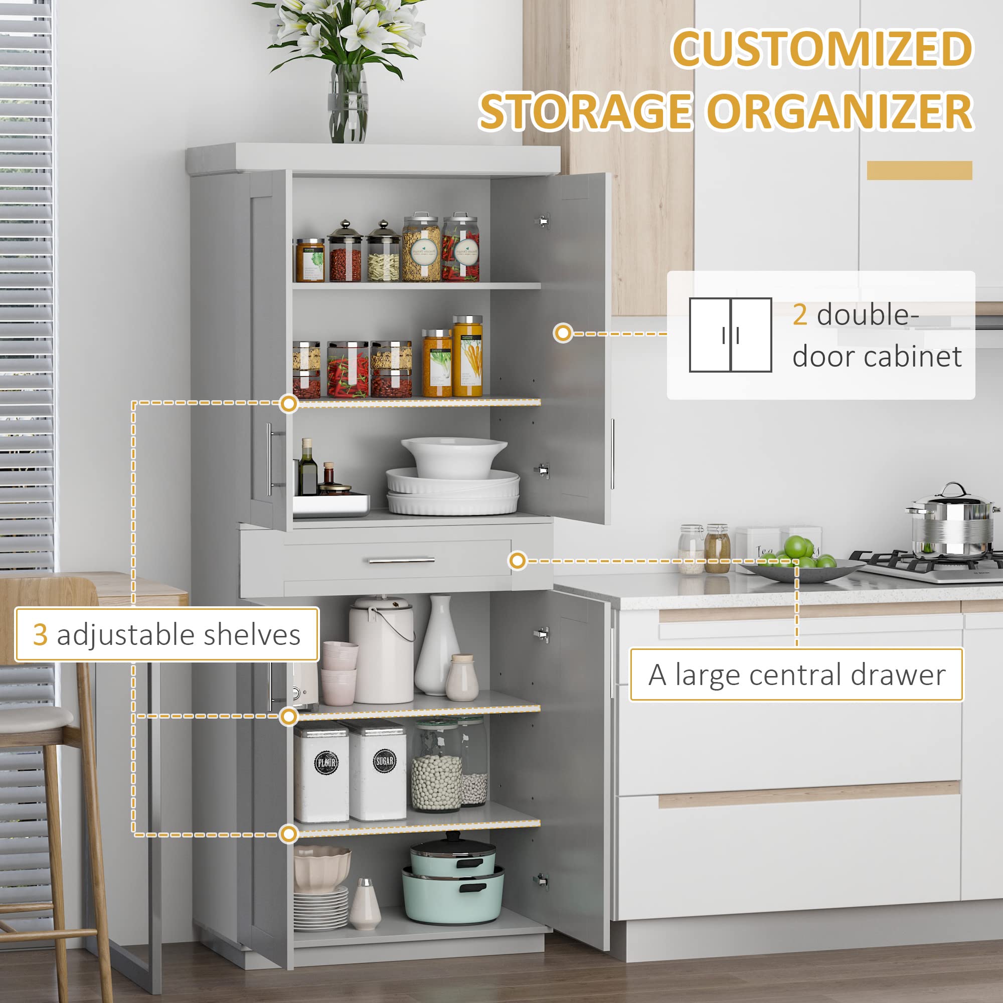 HOMCOM 72 Inch Freestanding Kitchen Pantry Cabinet with 4 Doors, Drawer & 3 Adjustable Shelves - Tall Storage Organizer for Dining Room, Living Room, Kitchen - Modern Gray Cabinet for Home Organization & Space Saving
