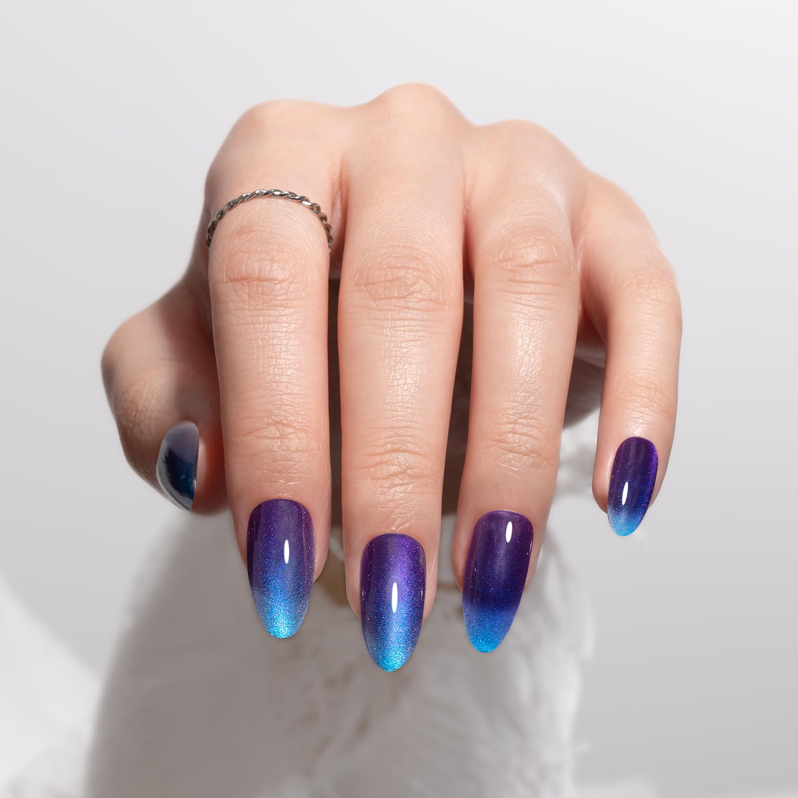 Melodysusie Press On Nails Almond Shape - Blue Purple Cat Eye Design, Medium Length Fake Nails with Salon-Quality Finish | Reusable Stick On Nails Kit Includes 15 Sizes & 30PCS with Nail Glue | Perfect for Parties, Weddings, Date Nights & Everyday Wear