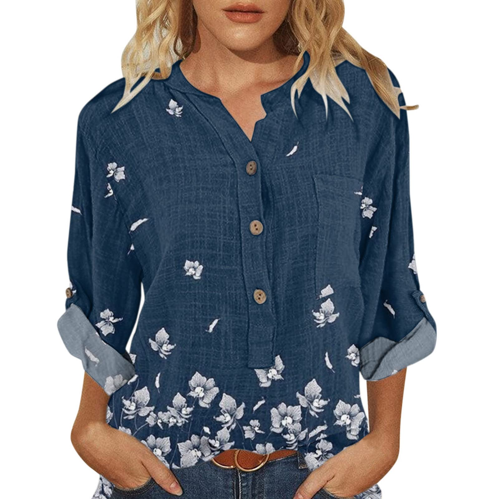 BIBOKAOKE Women's Floral Boho T-Shirt Casual Button Neck Blouse Long Sleeve Summer Top - Perfect for Beach Outings, Music Festivals & Boho-Chic Style
