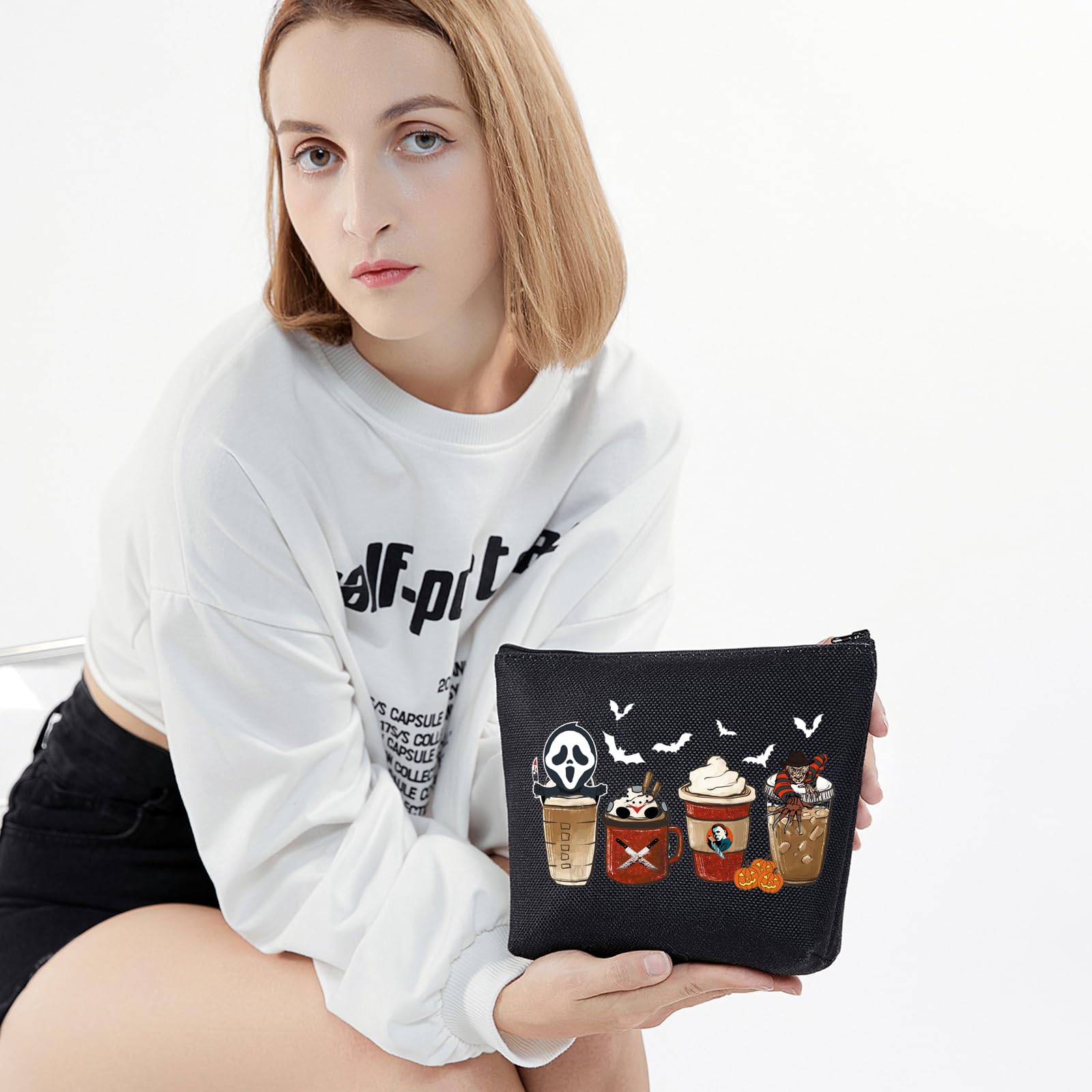 BLUPARK Horror Coffee Cosmetic Bag - Halloween Makeup Pouch for Horror Movie Fans - Spooky October Gift with 3 Pumpkin Designs - Perfect for Halloween Parties, Cosplay Events & Horror Conventions