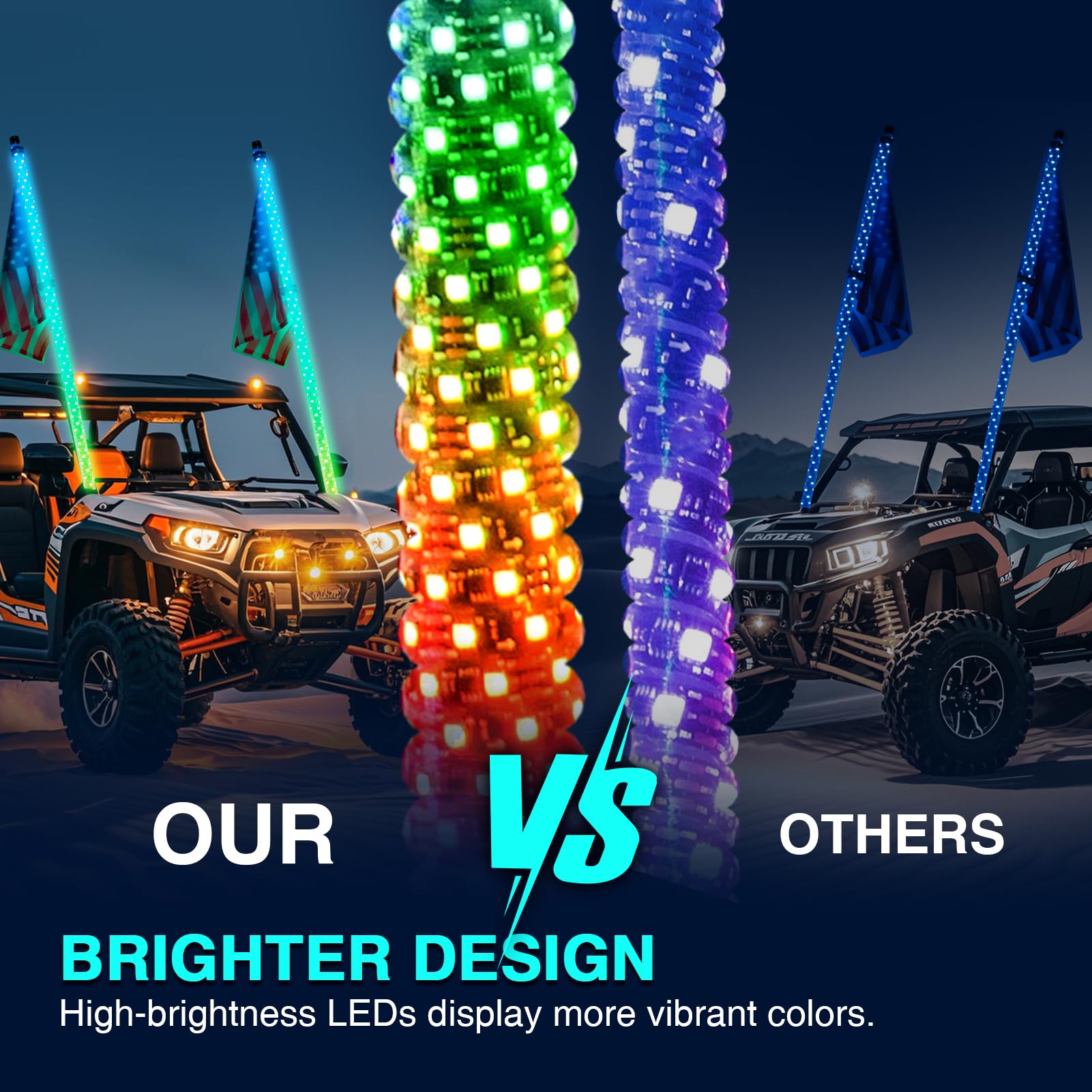 2PCS 4FT LED Whip Lights with App & Remote Control - RGB Color Changing, Music Sync, Turn Signal for UTV/ATV/RZR/SXS/Offroad Trucks - Perfect for Night Riding, Off-Road Adventures & Trail Parties