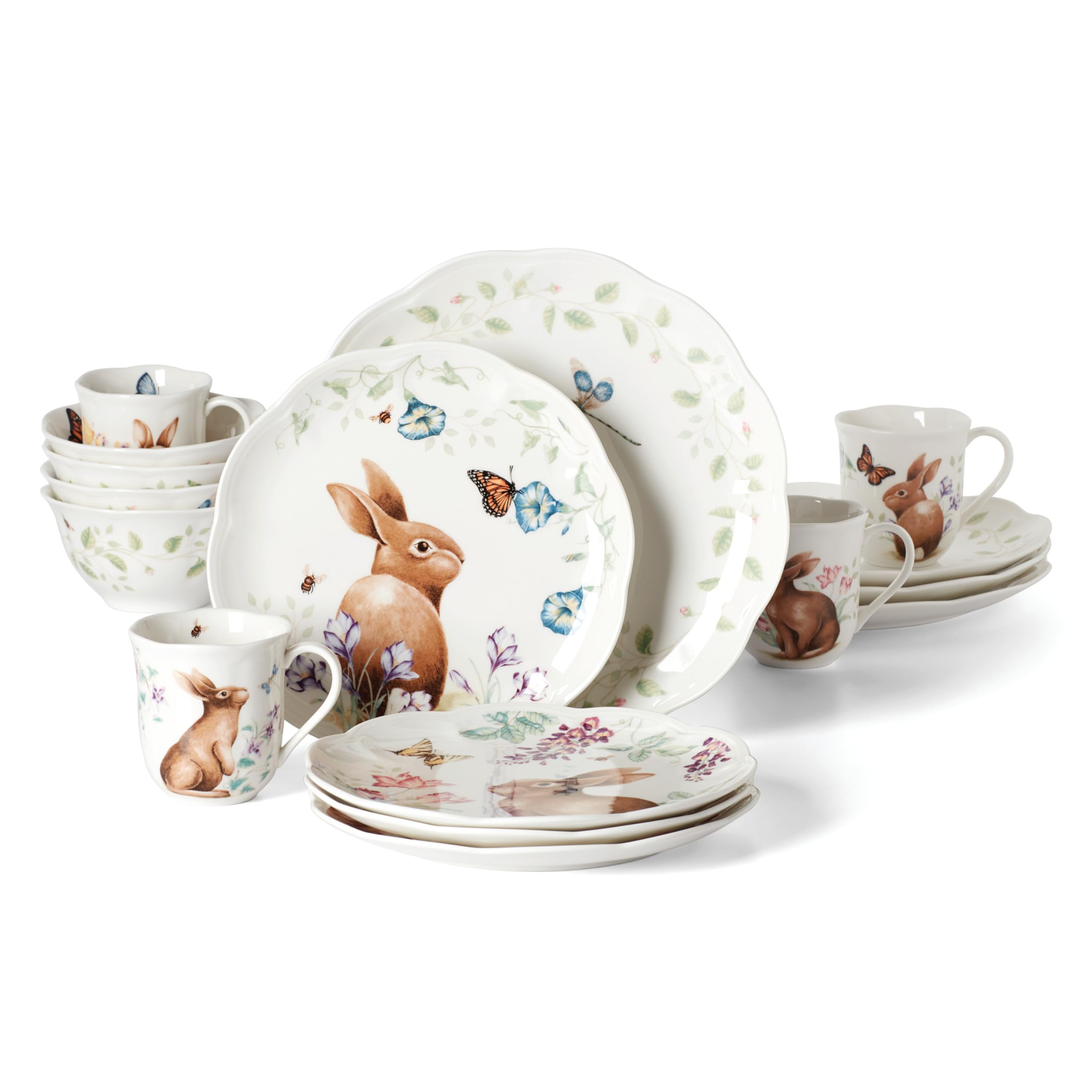 Lenox 894104 Butterfly Meadow Bunny 16-Piece Dinnerware Set - Colorful Floral Design for Easter, Spring Table Decor & Special Occasions