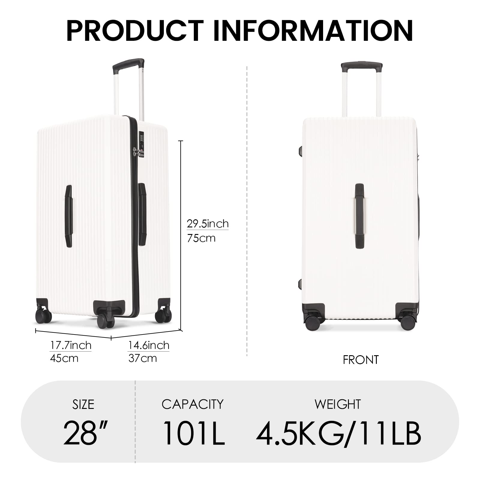 GinzaTravel 28 Inch Spinner Luggage - Lightweight PC Suitcase with TSA Lock & Scratch-Resistant Texture for Family Travel (White) | Perfect for International Flights, Vacation Getaways & Business Trips