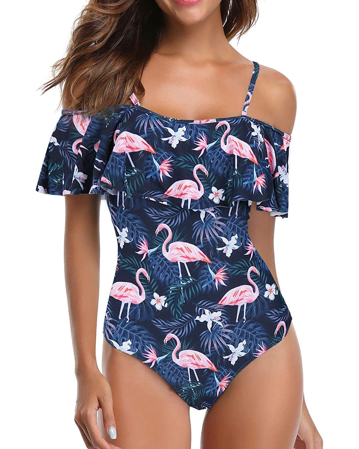 Women's Off Shoulder One Piece Swimsuit with Ruffled Sleeves - Retro Vintage Bathing Suit for Beach, Pool Party & Summer Vacation
