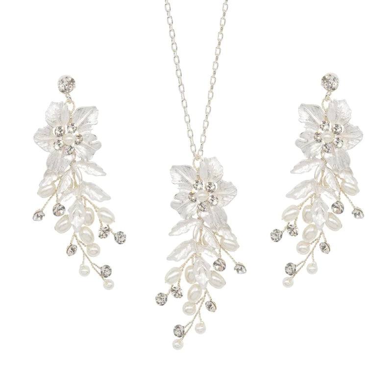 Elegant Floral Pearl and Crystal Bridal Jewelry Set - Necklace & Earrings for Weddings, Prom, and Special Occasions