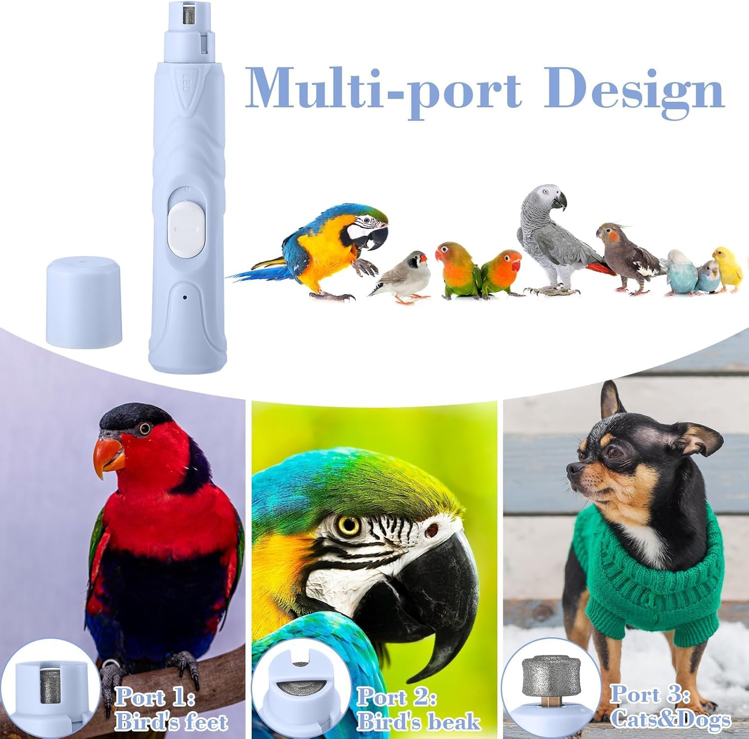 Electric Nail Grinder with LED Light for Birds & Small Animals - 3-in-1 Pet Nail Care Kit with File & Clipper | Safe Quiet Grooming Tool for Hamsters, Rabbits, Guinea Pigs | Perfect for Home Pet Grooming & Nail Trimming