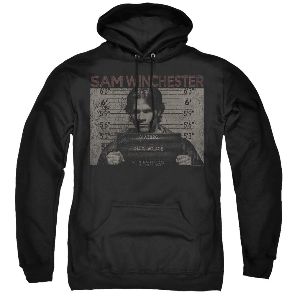 Supernatural TV Show Sam Winchester Mug Shot Black Hoodie - Men's Casual Pullover Sweatshirt for Halloween Cosplay & Fan Gifts