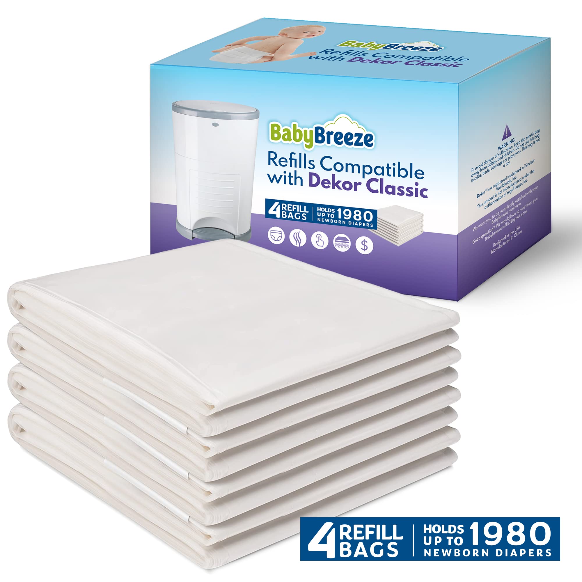 Dekor Classic Diaper Pail Refill Bags - 4 Pack | 1980 Diaper Capacity | Heavy Duty & Scented with Baby Powder | Perfect for Nursery, Daycare & Travel Use