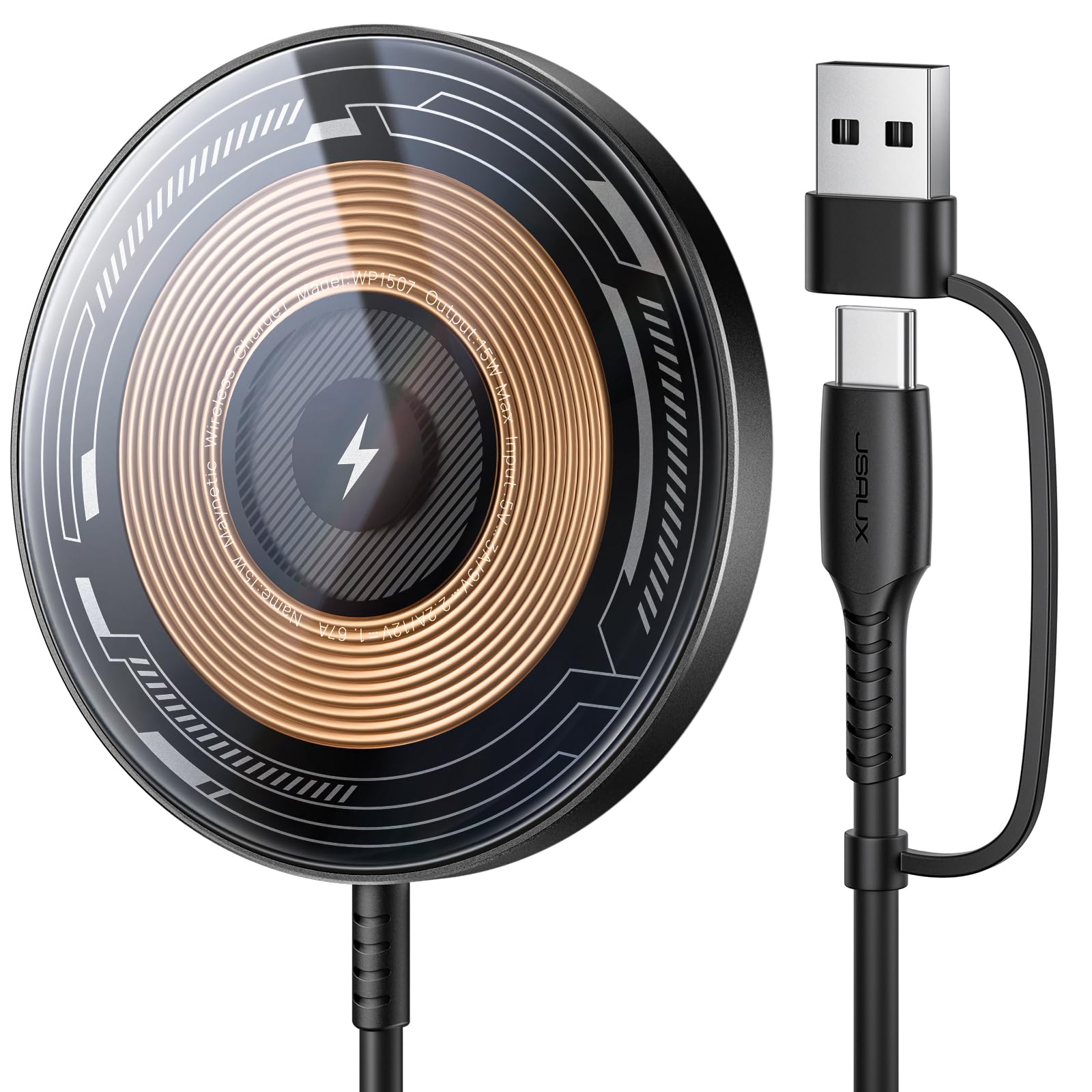 JSAUX Magnetic Wireless Charger for iPhone 15/14/13/12 Series - Fast Qi-Certified Charging Pad with Strong Magnets, Compatible with MagSafe Cases (Clear-Black) | Perfect for Home, Office & Car Use