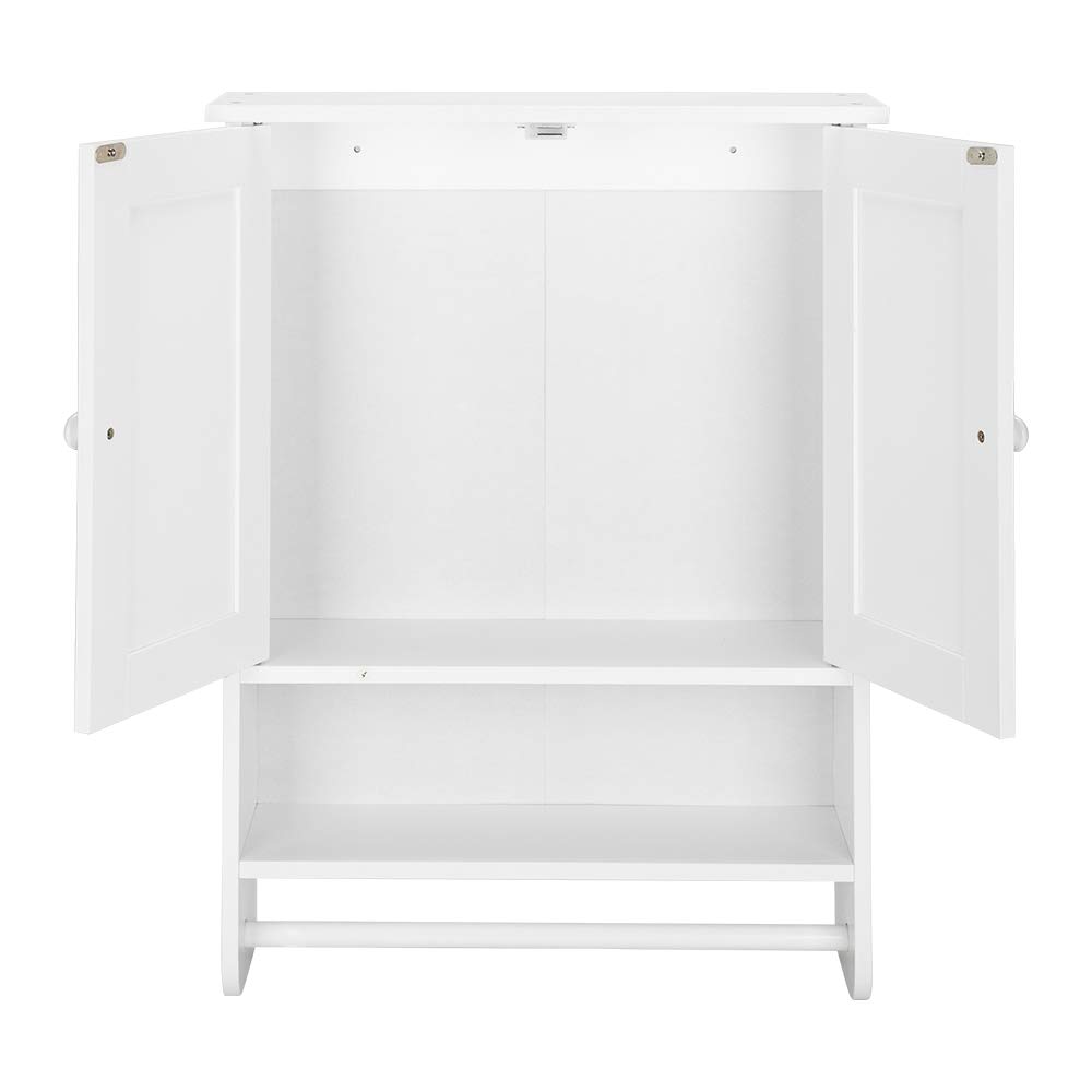 White Double Door Bathroom Wall Cabinet with Towel Bar - Hanging Medicine Storage Organizer for Bathroom & Kitchen - Perfect for Small Space Organization, Bath Essentials Storage, and Home Decor
