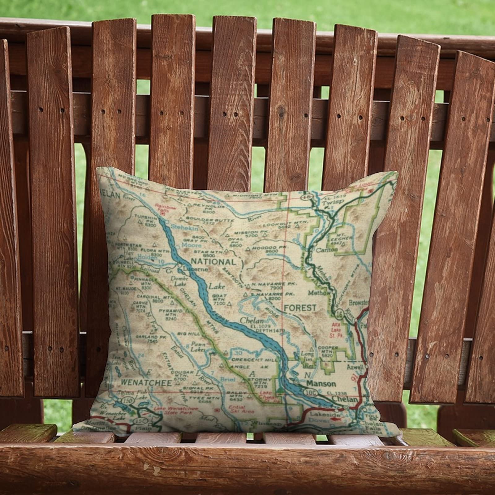 Lake Chelan Washington Map Outdoor Throw Pillow Covers - Waterproof 18x18 Inch Farmhouse Modern Decorative Pillowcase for Couch, Bench & Patio - Perfect for Home Decor, Living Room Accent & Outdoor Seating Areas