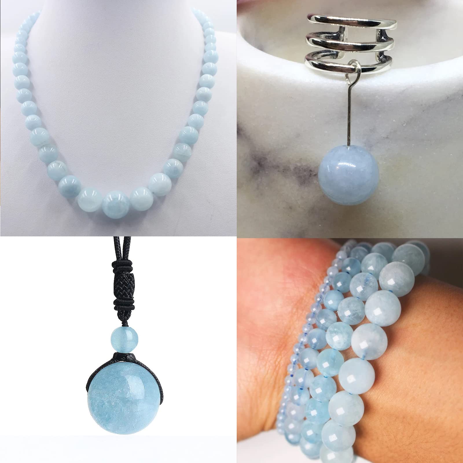 60pcs 6mm Natural Aquamarine Gemstone Beads - Round Loose Beads for DIY Jewelry Making, Bracelets & Necklaces with Free Crystal Stretch Cord - Perfect for Crafting, Gifts & Boho Style Accessories