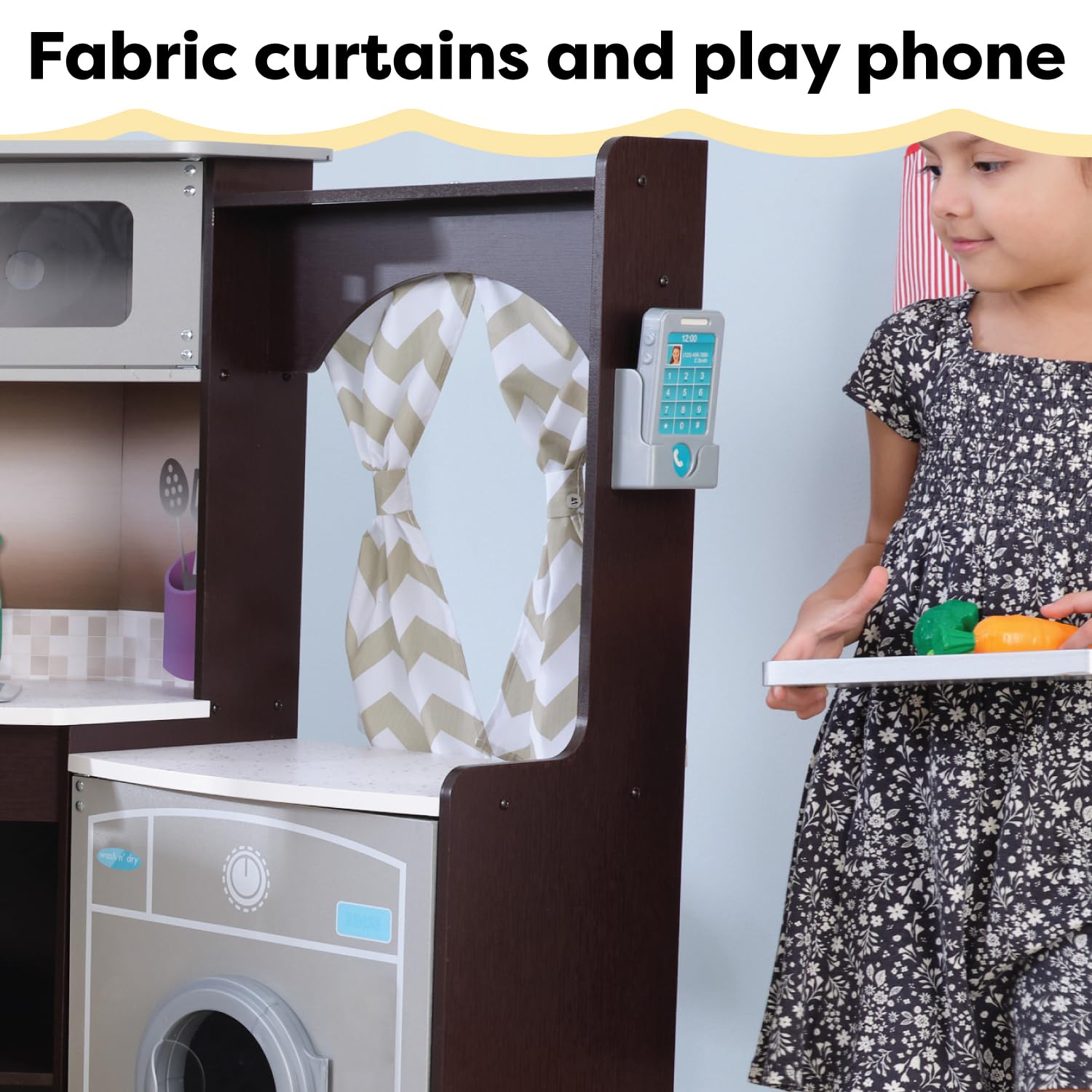 KidKraft Ultimate Corner Wooden Play Kitchen Set with Lights & Sounds, Play Phone & Curtains - Espresso Finish - Pretend Play Toy for Kids Ages 3+ - Perfect for Imaginative Play, Role-Playing & Early Learning Activities