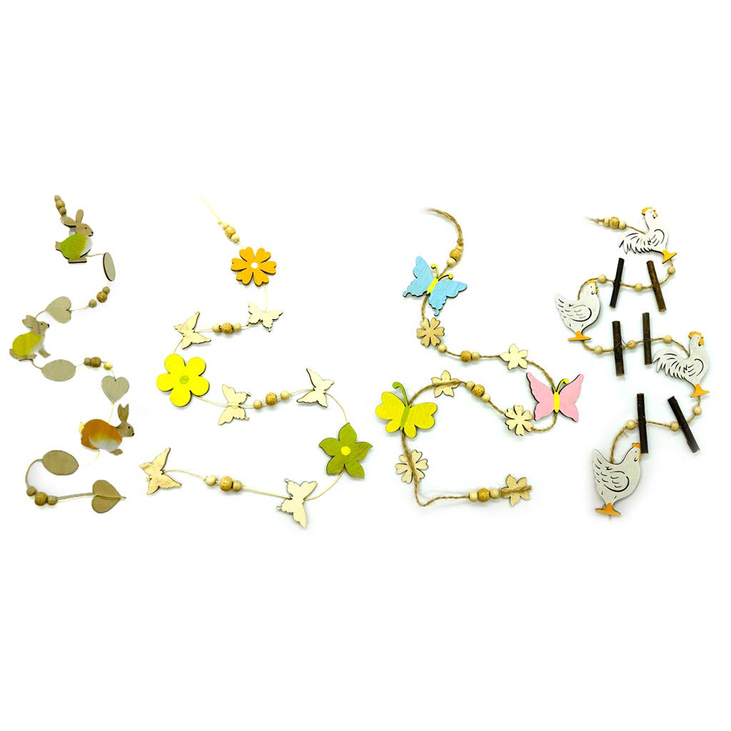 4-Piece Easter Wood Bead Garland Set - Happy Easter Bunny Rabbit & Floral Hanging Decorations - Wooden Bead Ornaments for Easter Tree, Party, Home, and Spring Festival Decor