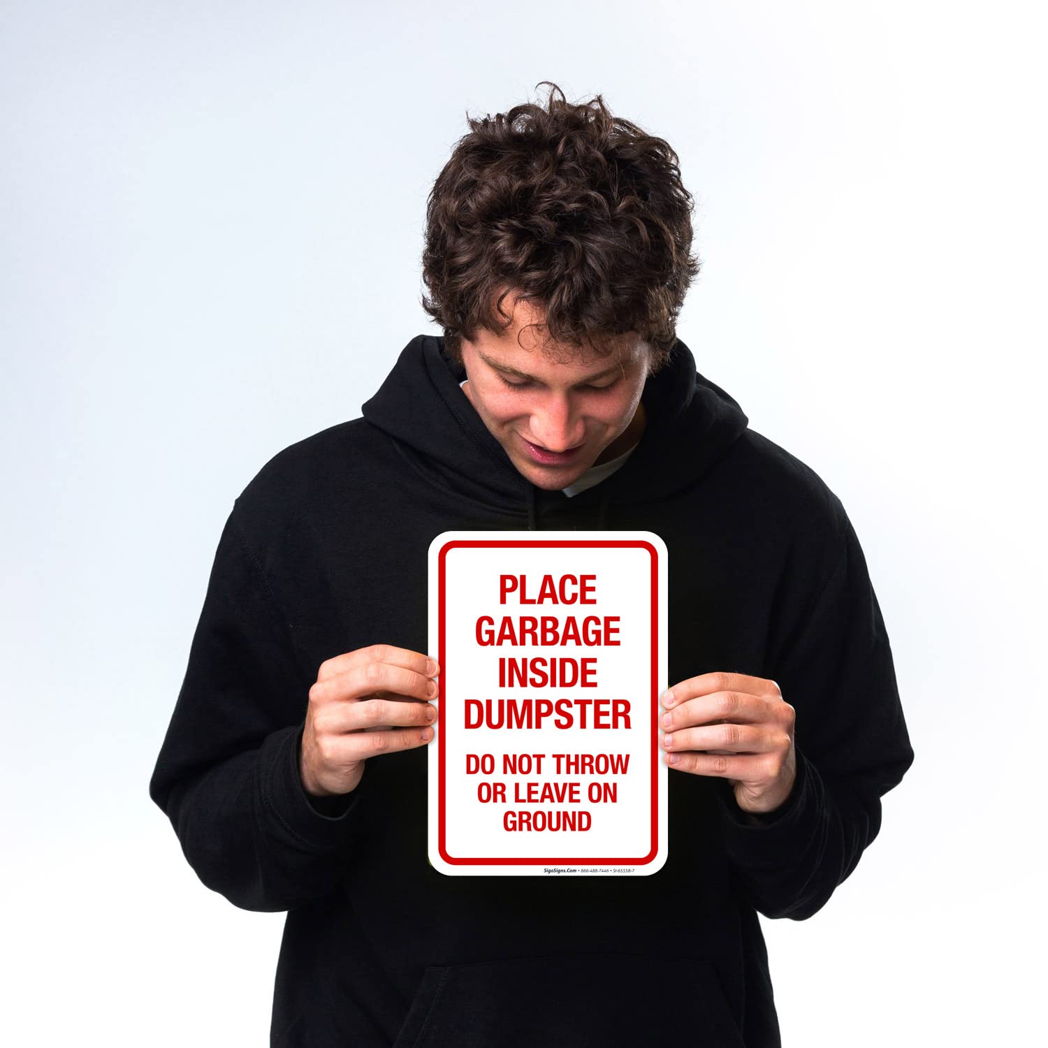 Dumpster Sign - 'Place Garbage Inside Do Not Throw On Ground' - 10x7 Inch Weatherproof Vinyl Decal Sticker (4 Mil Thick) - Made in USA - Perfect for Trash Bins, Waste Containers & Recycling Areas