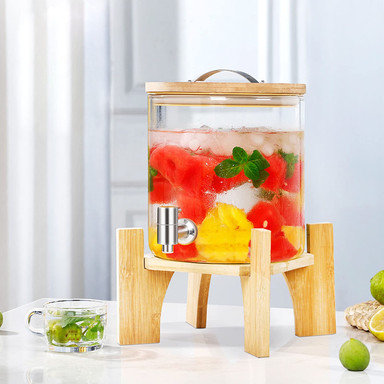 DSHOME 5L Glass Drink Dispenser with Wooden Stand - Stainless Steel Faucet & Airtight Bamboo Lid - Cold Beverage Dispenser for Parties, Weddings, BBQs & Events (20x20cm/8x8inch) - Perfect for Lemonade, Iced Tea, Sangria & Cocktails