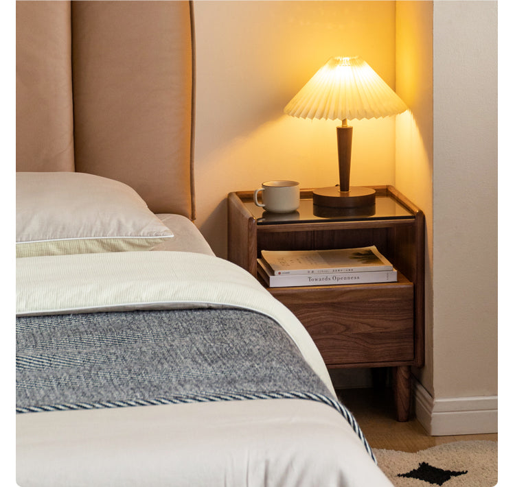 Premium Black Walnut Solid Wood Nightstand with Tempered Glass Top - Modern Bedside Table for Bedroom, Living Room, or Office Use