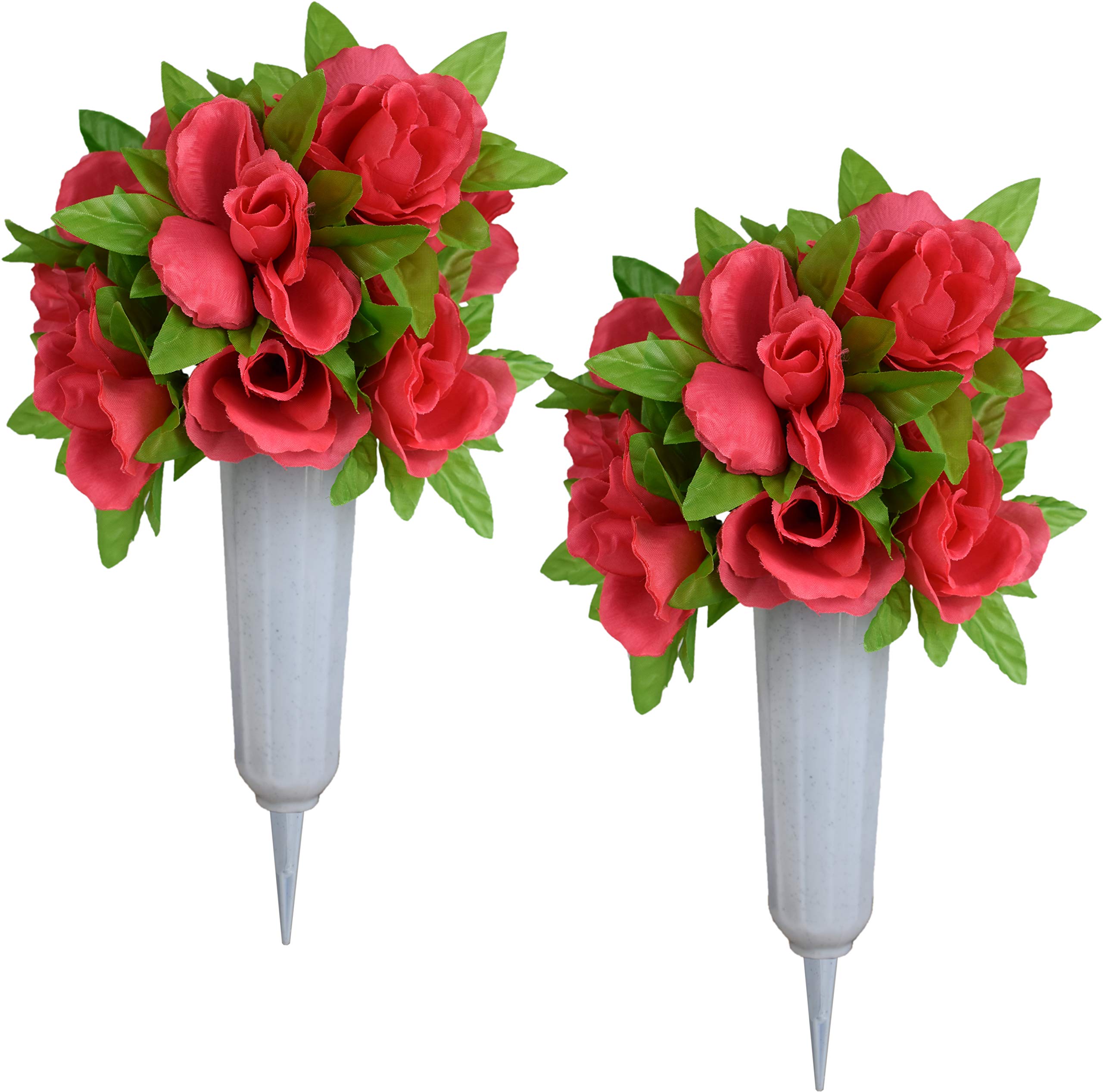 2-Pack Pink Artificial Rose Bouquets in White Cemetery Vases - Elegant Floral Arrangement for Graves, Memorials & Home Decor (Pink Roses with White Vase) - Perfect for Funerals, Cemeteries, Sympathy Gifts & Table Centerpieces