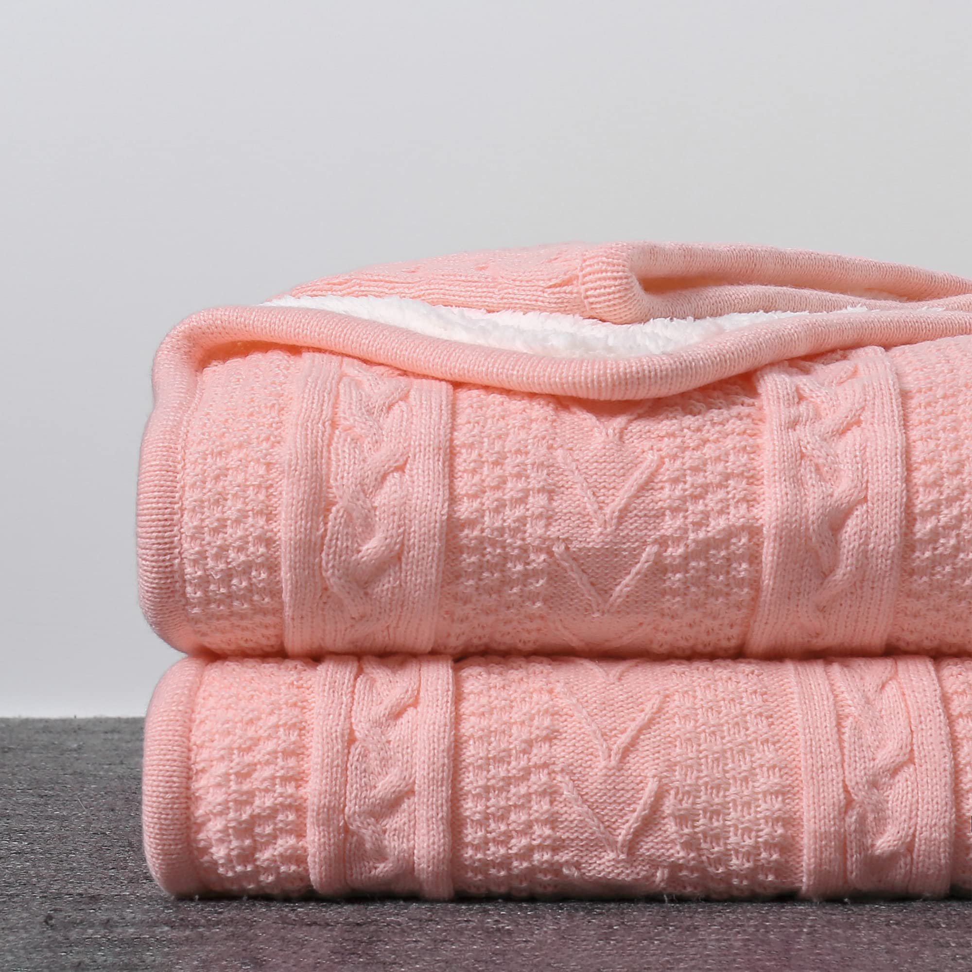 Longhui Pink Acrylic Cable Knit Sherpa Throw Blanket - Ultra Soft & Cozy Fleece Blanket for Couch, Sofa, Bed - 50
