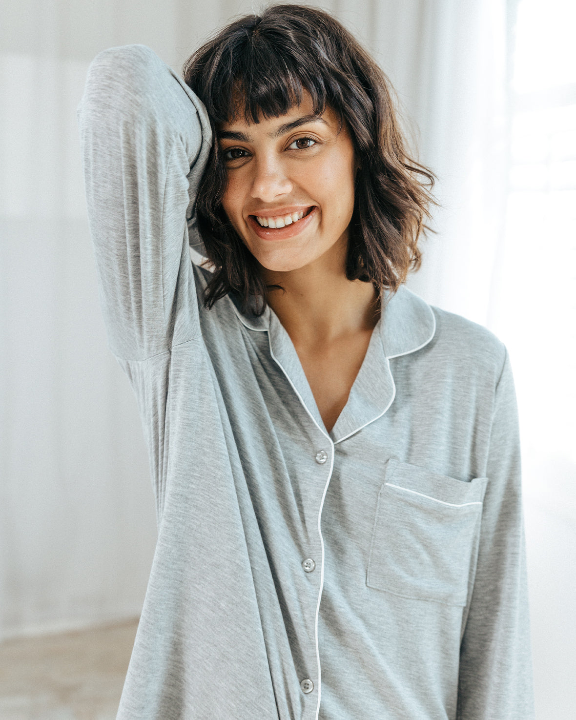 Premium TENCEL™ Modal Long Sleeve Button Up Pajama Set - Soft & Breathable Sleepwear for Women - Grey - Perfect for Relaxing at Home, Lounging & Comfortable Nighttime Sleep