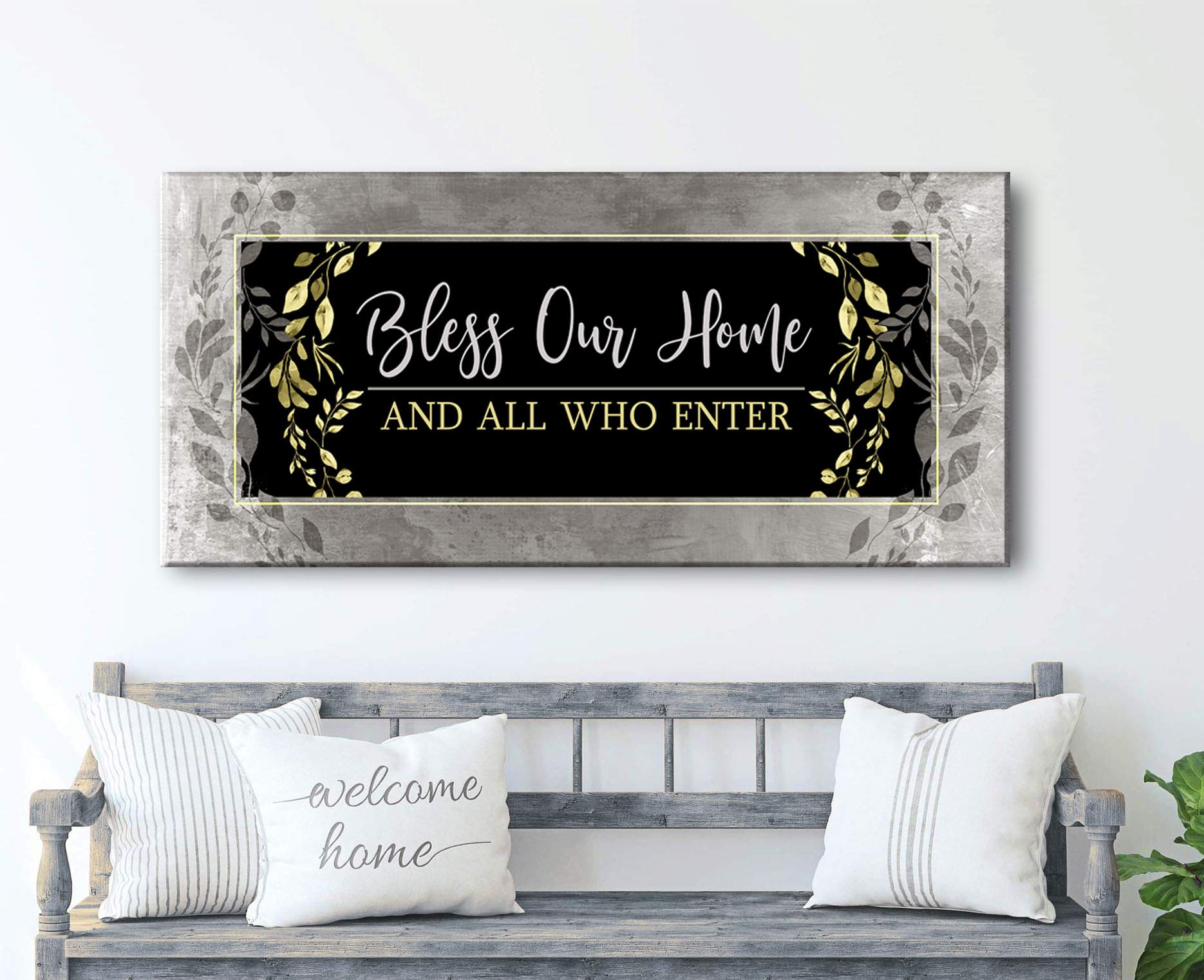 Bless Our Home Sign - Large Canvas Wall Art for Front Door & Entryway Decor - Perfect Housewarming Gift for Living Room - Inverted Yellow, 60x27 - Sense of Art for Welcoming Guests & Creating Cozy Atmosphere