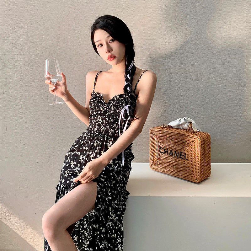 Floral Print Black Spaghetti Strap Summer Maxi Skirt with High Slit - Elegant Beach Dress for Vacation, Date Night & Party Wear