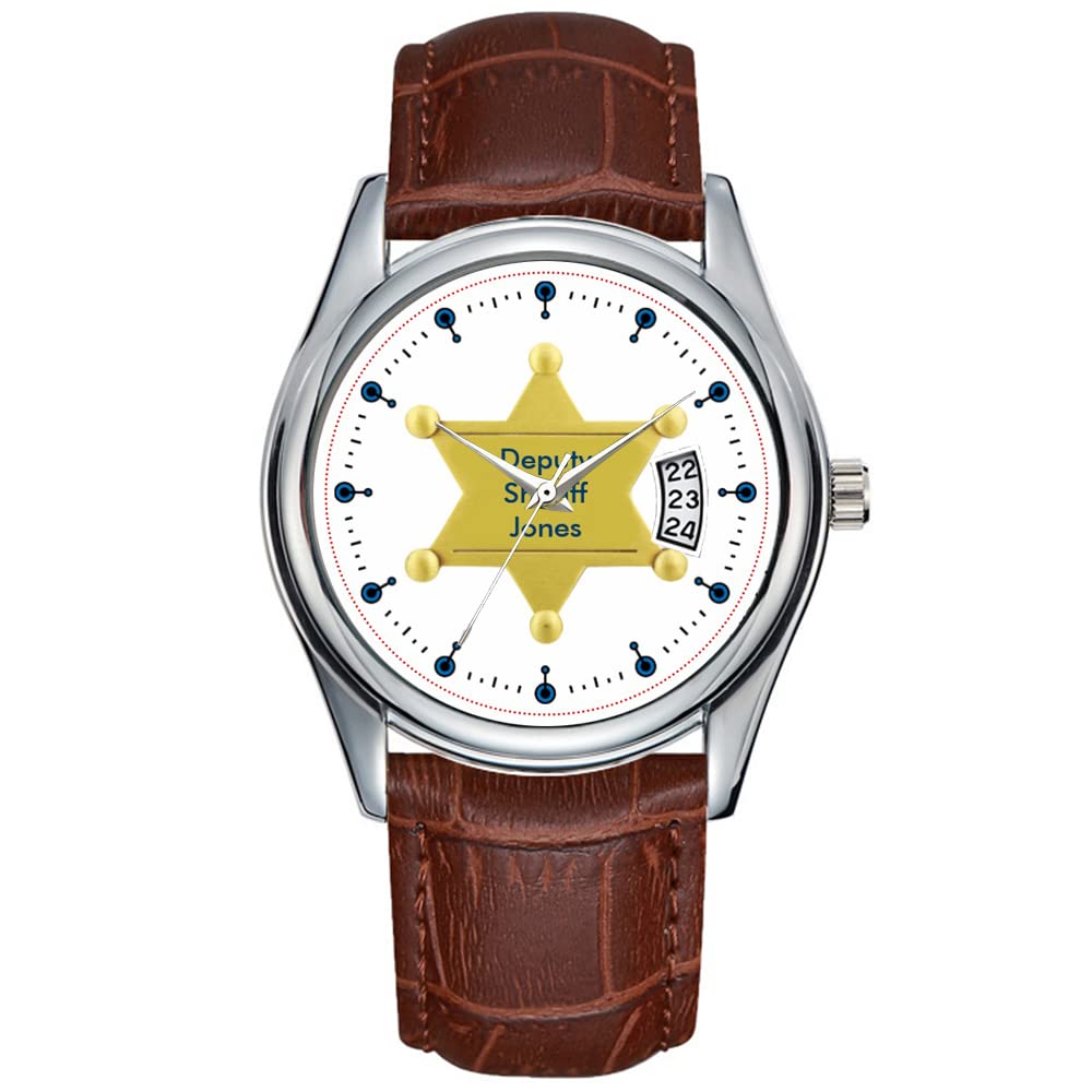 Luxury Men's Brown Leather Quartz Wrist Watch - Waterproof Sports Chronograph Watch for Business, Casual & Formal Wear - Perfect Christmas Gift for Men, Sheriff & Deputy Style