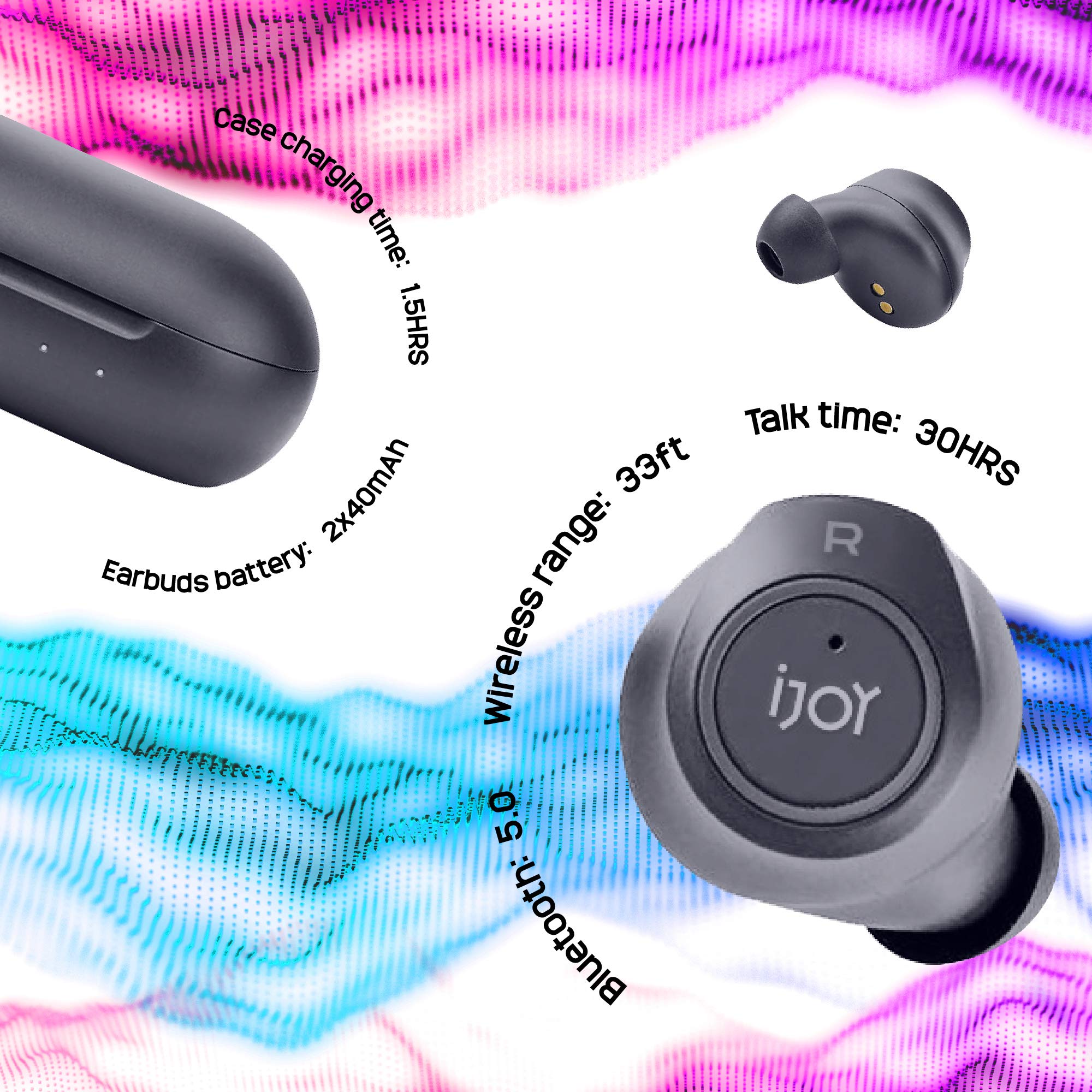 iJoy Premium Gravity TWS Wireless Earbuds Bluetooth 5.0 with Built-in Mic, Portable Charging Case, IPX4 Waterproof & Sweatproof - 30H Playtime for Running, Gym Workouts & Outdoor Activities
