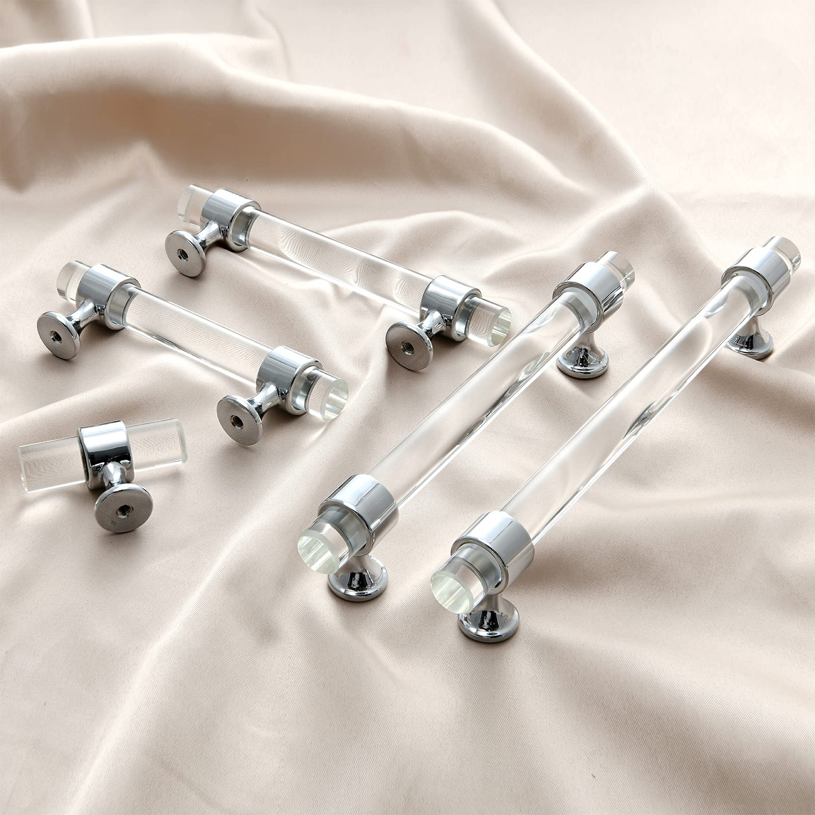 5 Inch Polished Chrome Cabinet Pulls - 6 Pack Clear Crystal Glass Drawer Handles for Bathroom & Kitchen Cabinets - Modern Hardware for Dressers, Vanities & Furniture Upgrades