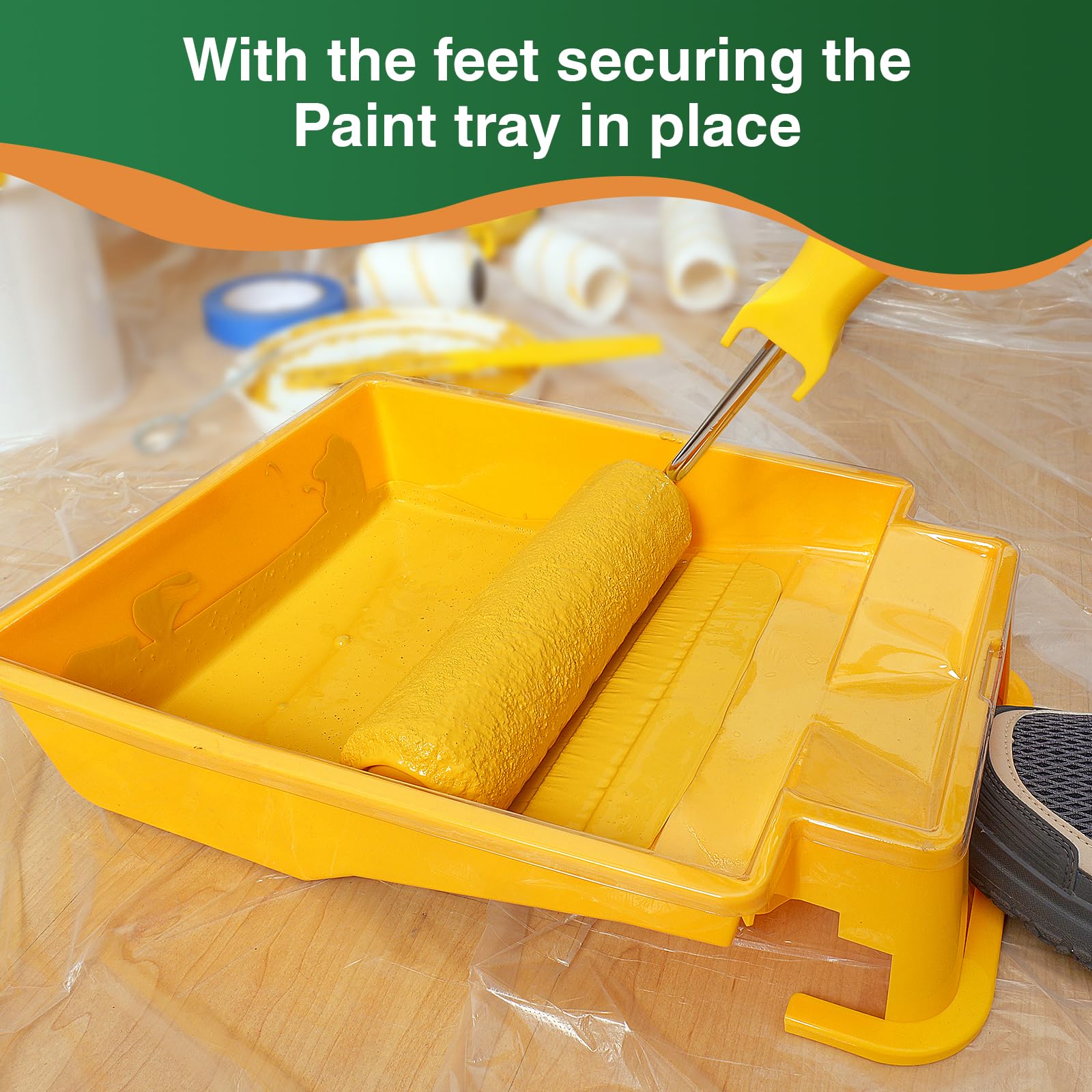 VOOMEY 9 Inch Foot-Operated Paint Tray with 12 Pcs Disposable Liners & 4 Paint Roller Frames - Professional House Painting Supplies for Walls, Ceilings & DIY Home Improvement Projects