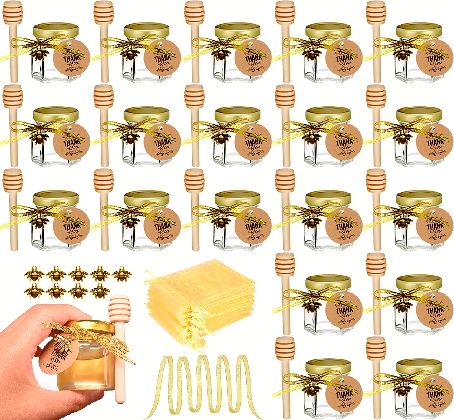 Ahhute Mini Honey Jars with Dipper - 20 Pack 1.5oz Hexagon Glass Honey Pots with Lid, Bee Charms & Fabric Ribbons - Perfect for Baby Shower Favors, Wedding Party Favors & Gift Giving - Great for Honey Sampling, DIY Gifts & Event Decorations