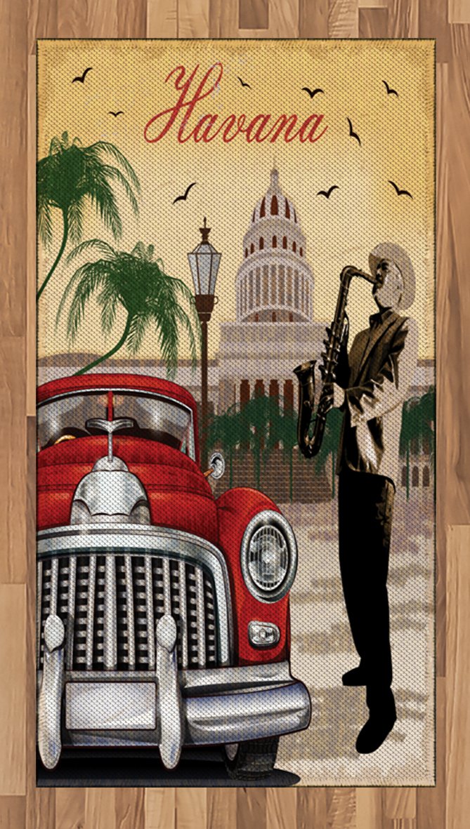 Lunarable Havana Area Rug - Vintage Saxophone Musicians in Panama Hats with Classic Red Car Design, Flat Woven Bohemian Accent Rug for Living Room, Bedroom, Dining Room - 2'6