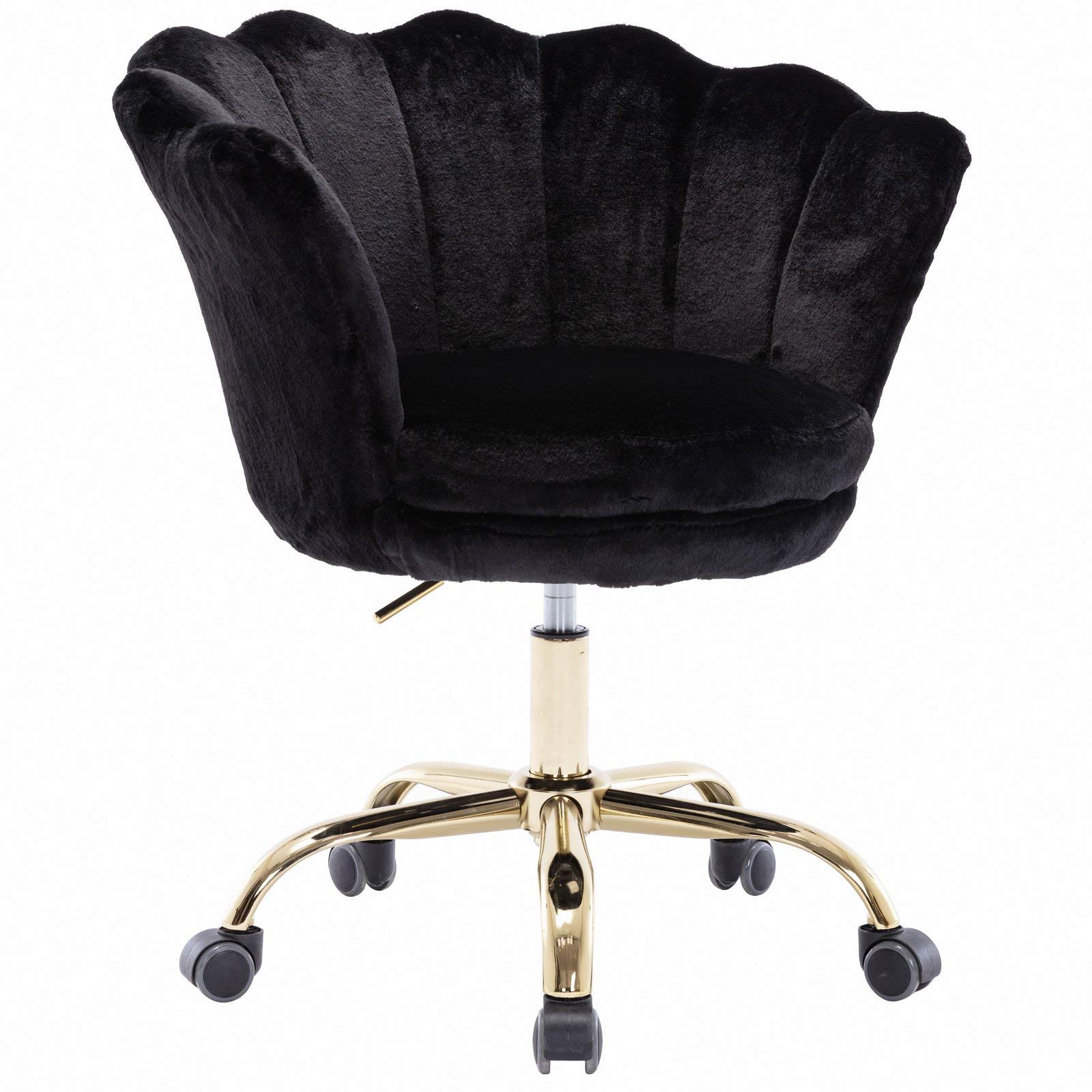 Wahson Ergonomic Home Office Task Chair with Wheels - Faux Fur Scallop Back Swivel Desk Chair for Women, Teens & Girls - Perfect for Living Room, Vanity or Study Room - Comfortable Black Computer Chair for Work & Relaxation
