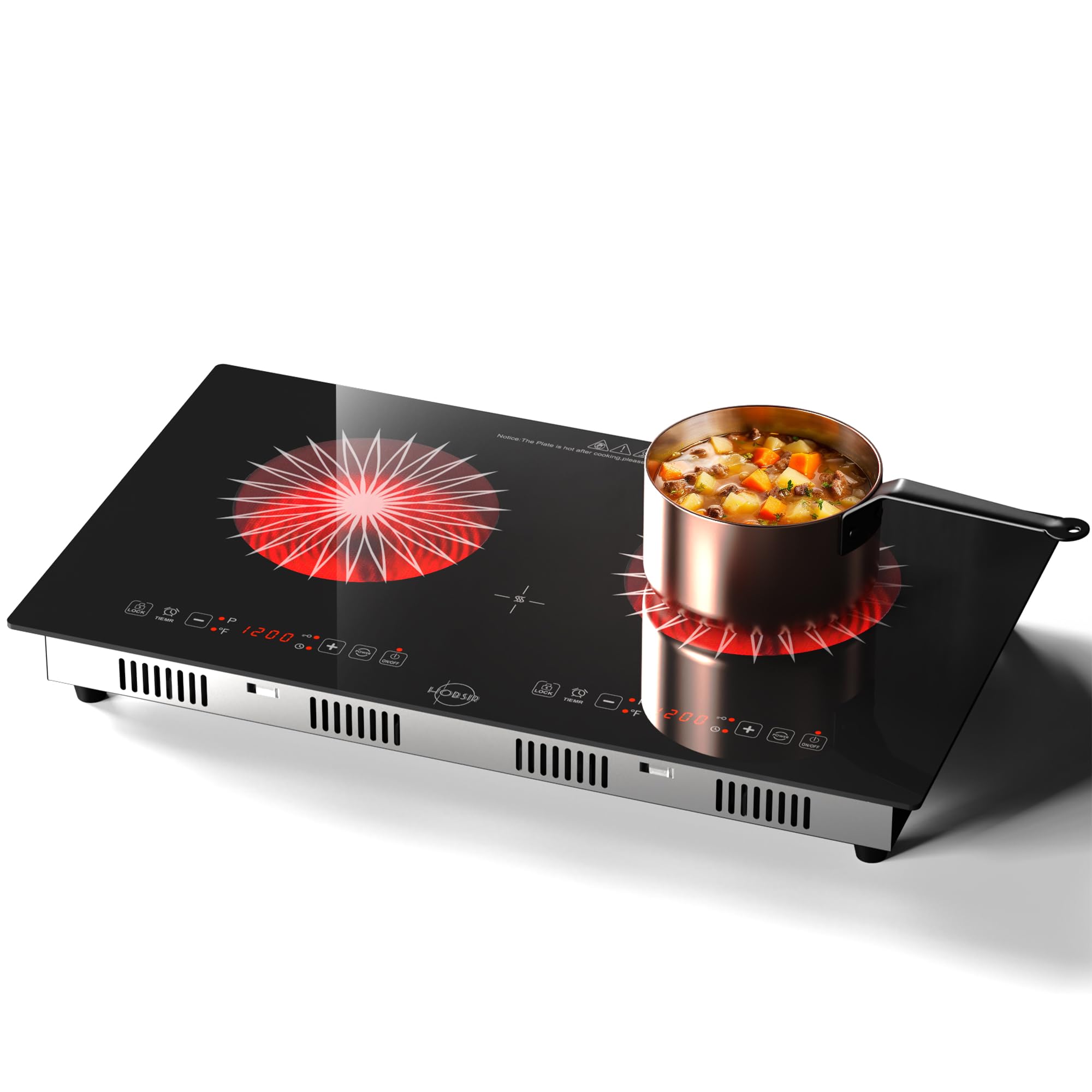 Hobsir 24 Inch 2 Burner Electric Cooktop 110V - Double Induction Stove with LED Touch Screen & Safety Lock - Built-in/Countertop for Kitchen, Apartment, RV & Camping - Perfect for Small Spaces & Outdoor Cooking